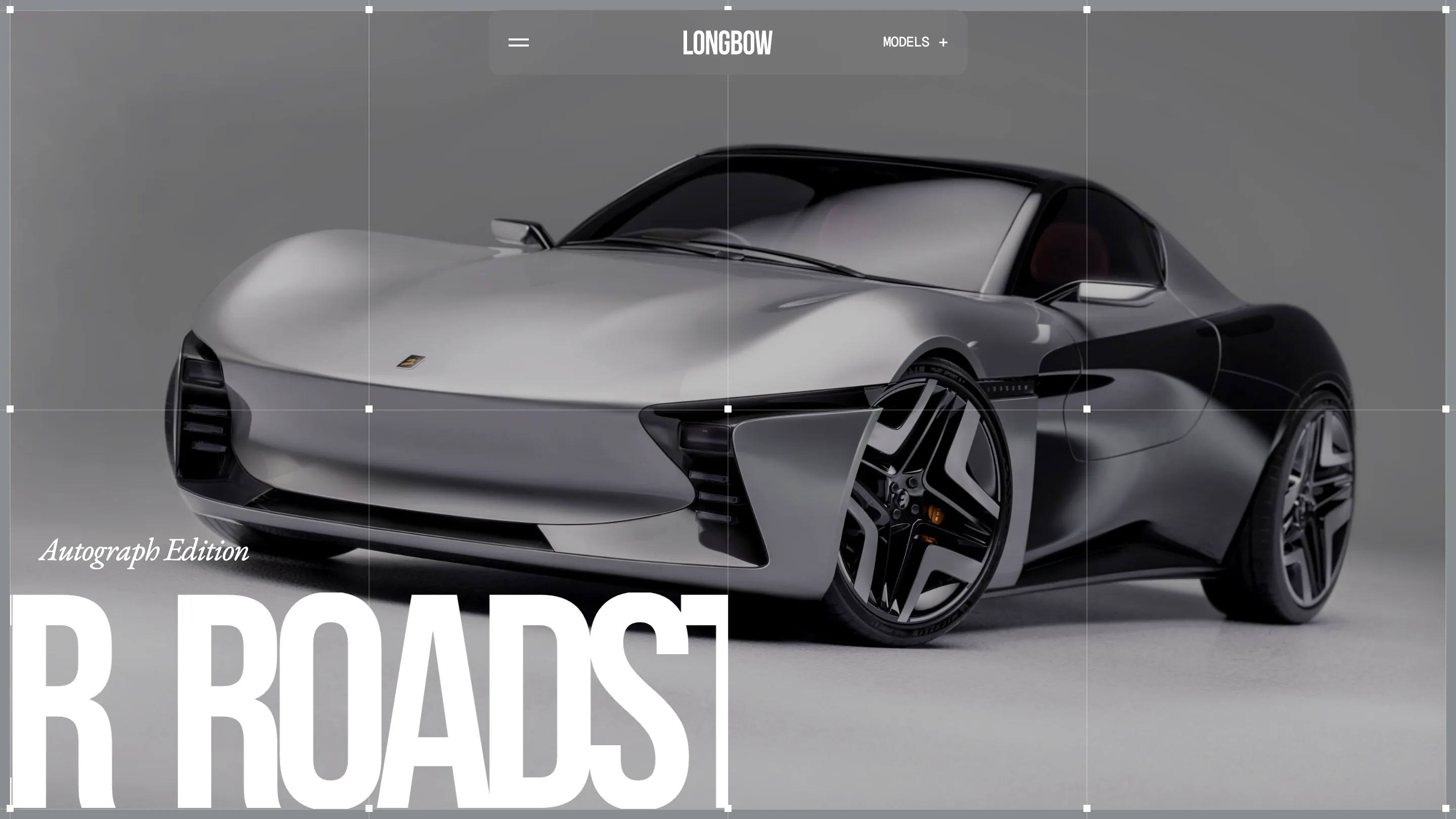 Longbow roadster page: a silver and black coupé on the same grey backdrop and grid, labelled Autograph Edition in serif italic with a cropped grotesk marquee below