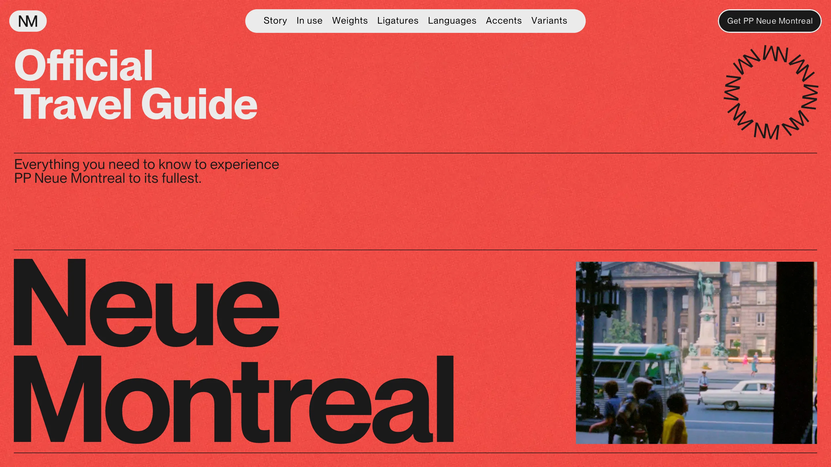 PP Neue Montreal homepage: a flat vermillion page headed Official Travel Guide, with Neue Montreal set very large in black and a vintage photograph of a Montréal street scene