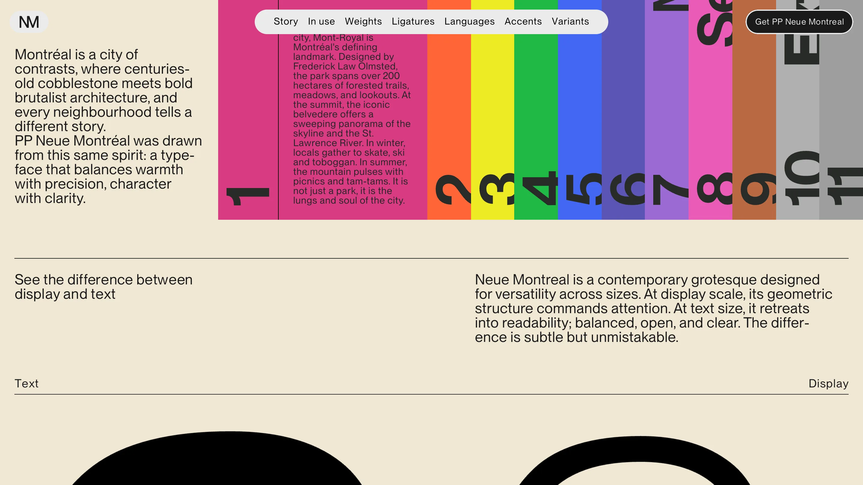 PP Neue Montreal story section: cream page with copy about Montréal as a city of contrasts, next to a band of numbered colour stripes carrying a text panel about Mont-Royal park