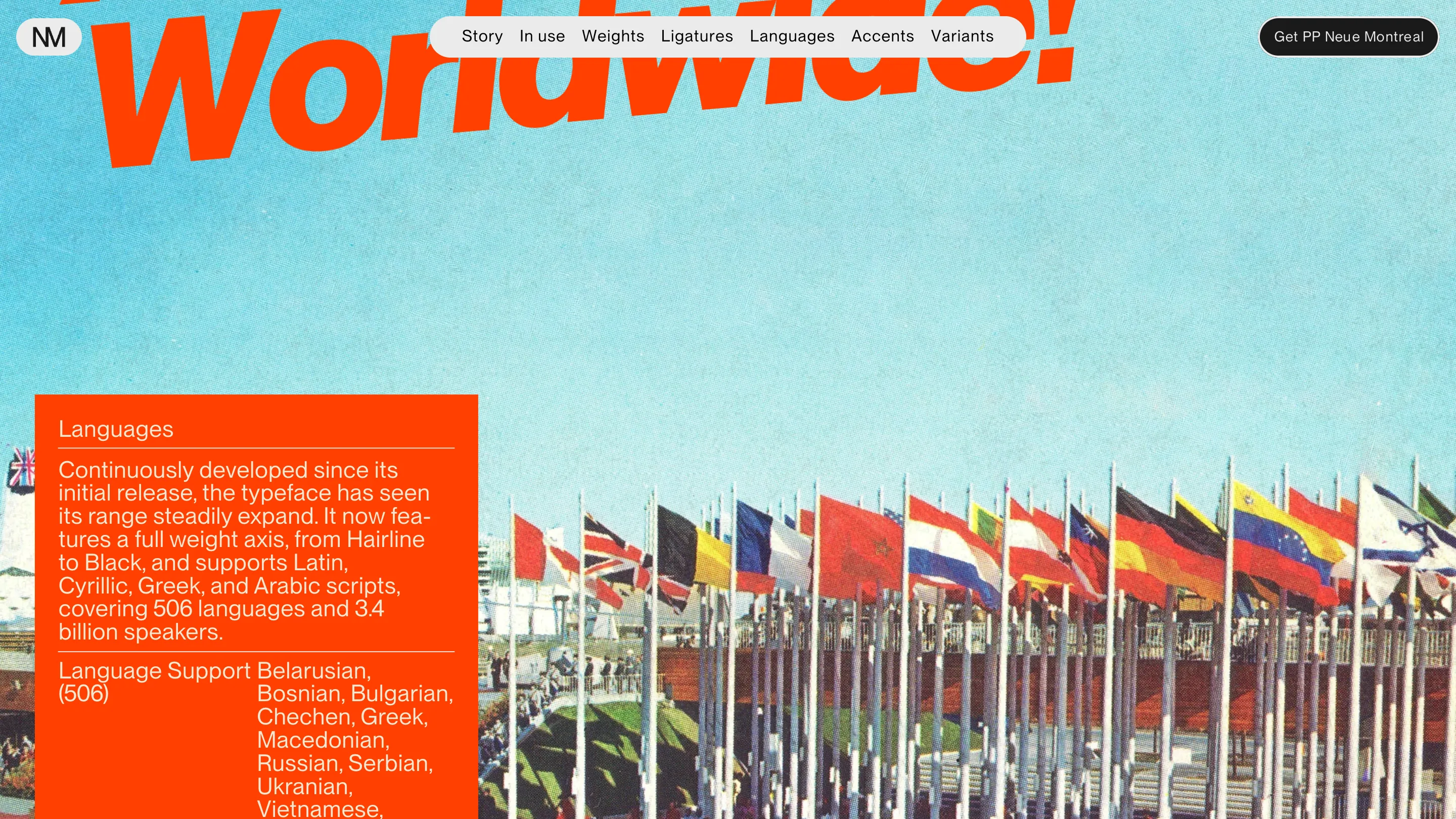 PP Neue Montreal languages section: a vintage photograph of rows of international flags under a blue sky, with a huge italic Worldwide headline and a vermillion panel listing language support