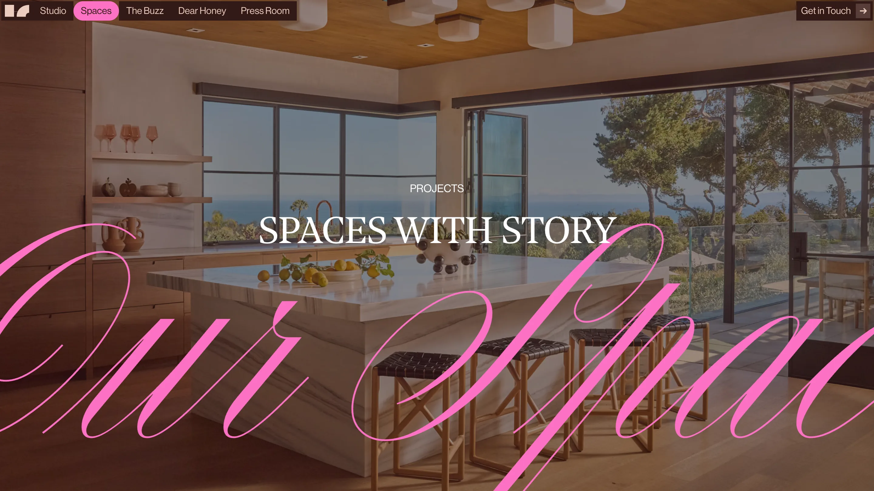 House of Honey spaces page: a kitchen with a marble waterfall island and an ocean view through sliding glass, overlaid with a large pink script and the serif title SPACES WITH STORY