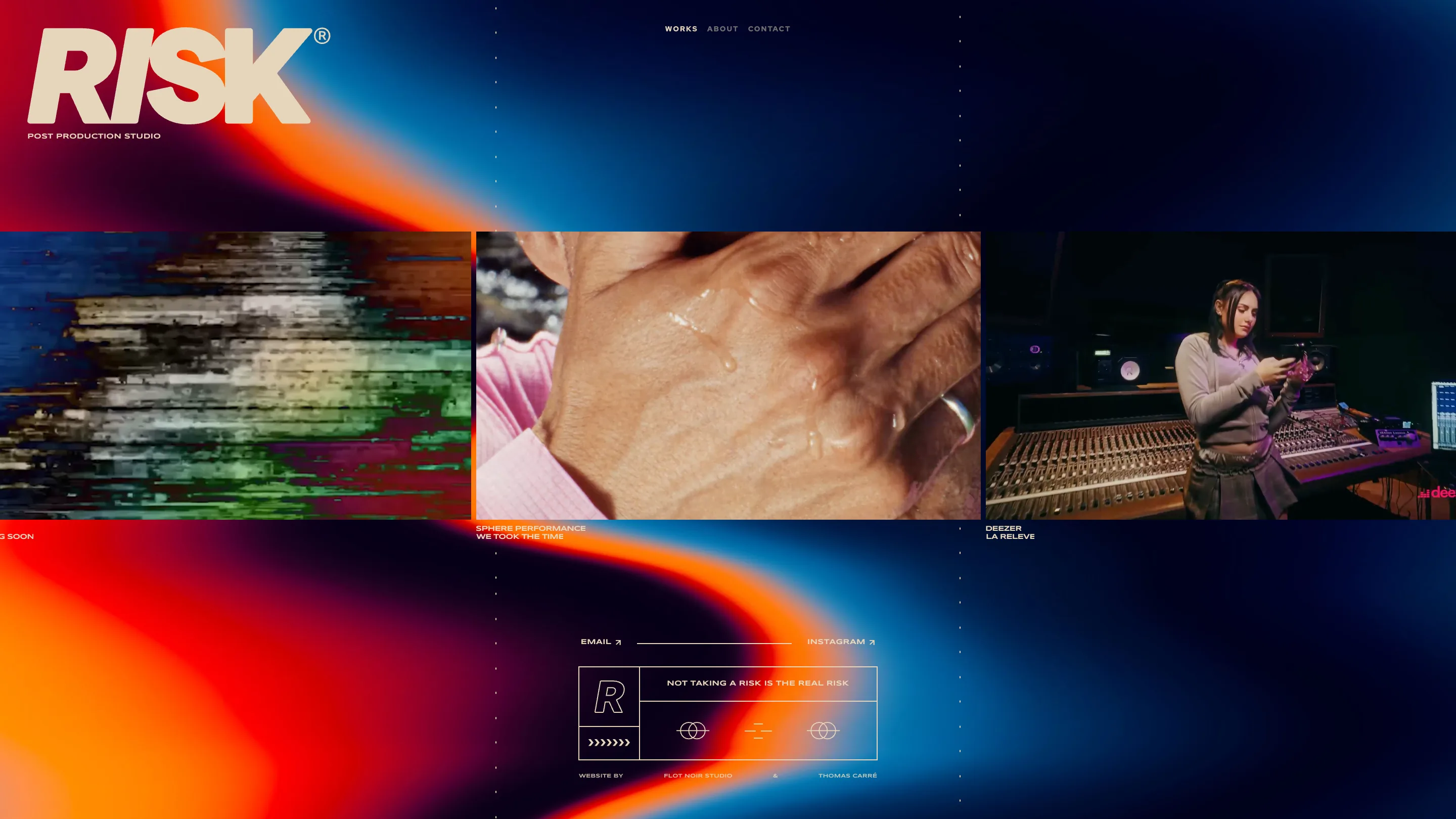 RISK works page: an orange and blue thermal gradient background with the cream RISK wordmark top left and three video stills in a row, including a datamosh glitch frame and a woman at a studio mixing desk