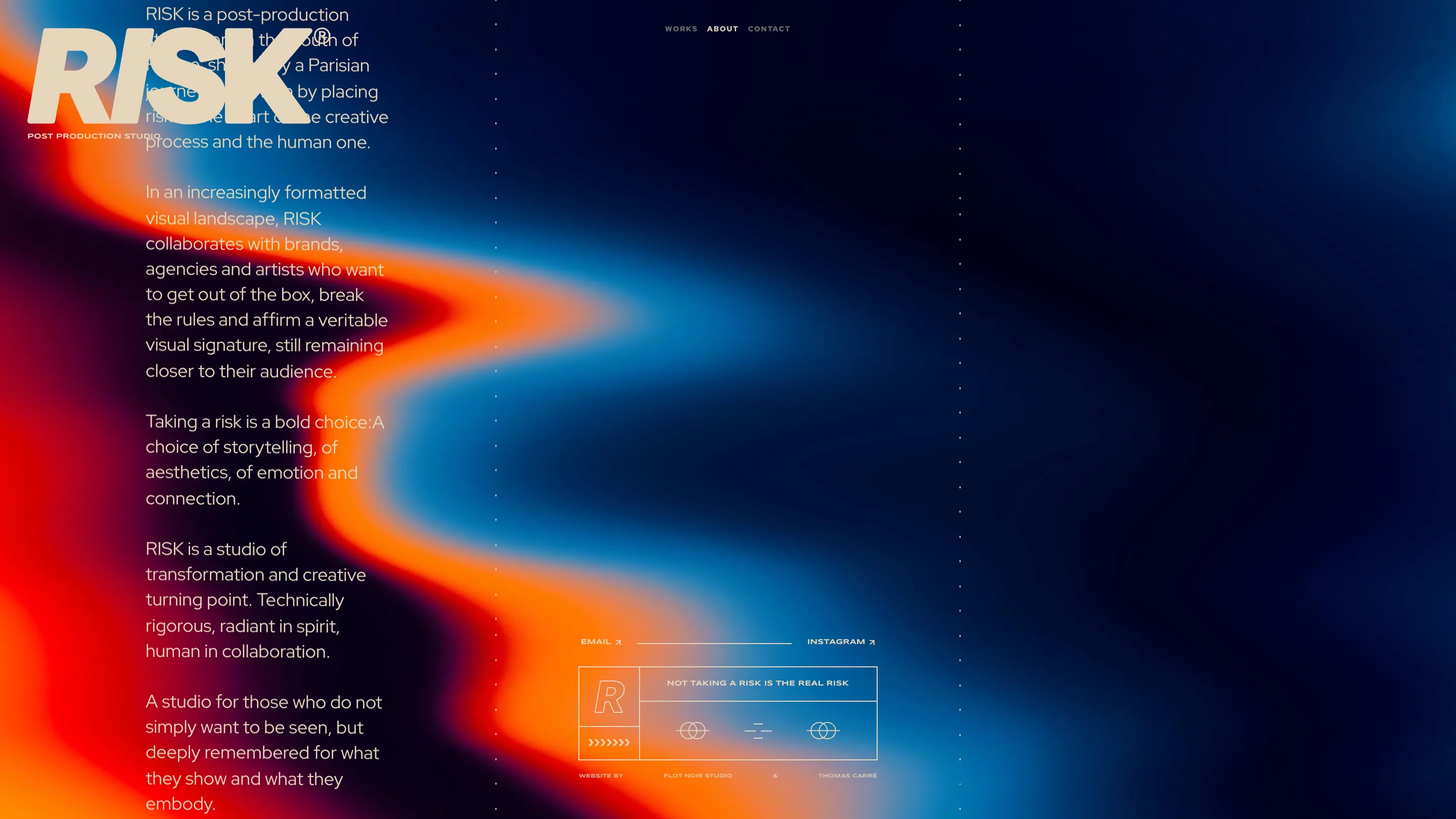 RISK about page: long body copy in a narrow left column over the orange and blue thermal gradient, with the large cream RISK wordmark overlapping the first paragraph
