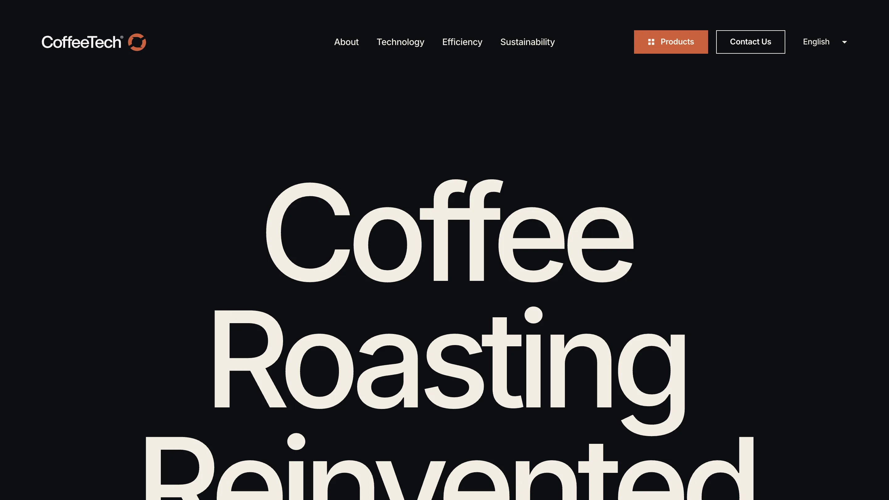 CoffeeTech homepage: cream type reading Coffee Roasting Reinvented set very large on a near-black background, with a rust Products button in the navigation