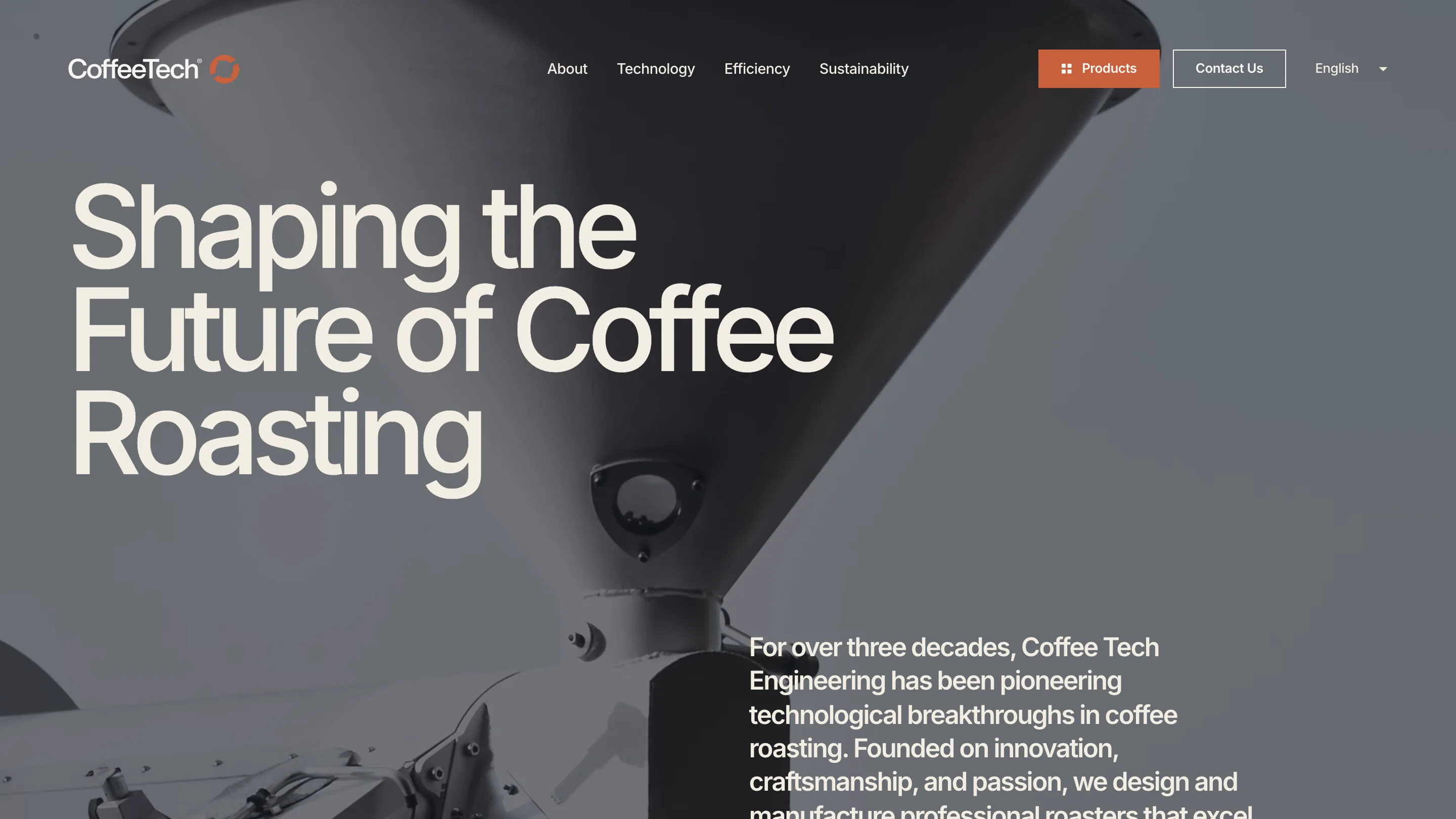 CoffeeTech about page: a full-bleed desaturated photograph of a steel roaster hopper with the cream headline Shaping the Future of Coffee Roasting set over it