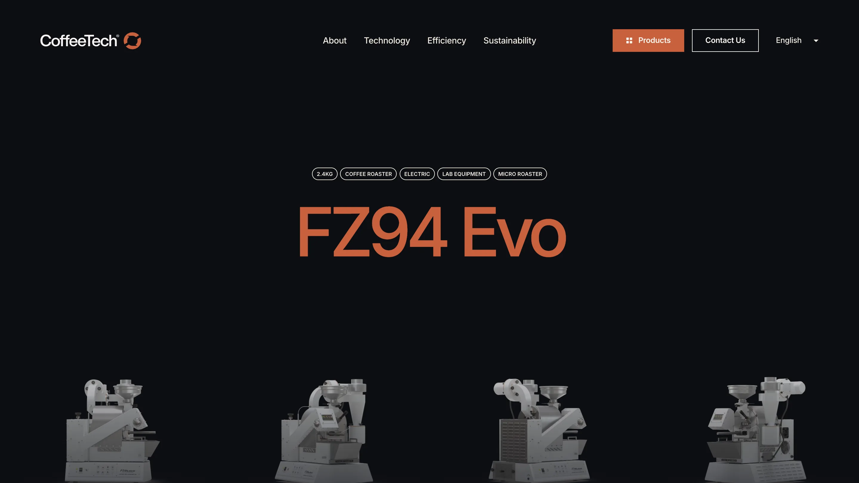 CoffeeTech FZ94 Evo product page: outlined spec chips reading 2.4KG, coffee roaster, electric, lab equipment, micro roaster, above the product name in large rust type and four photographs of the machine