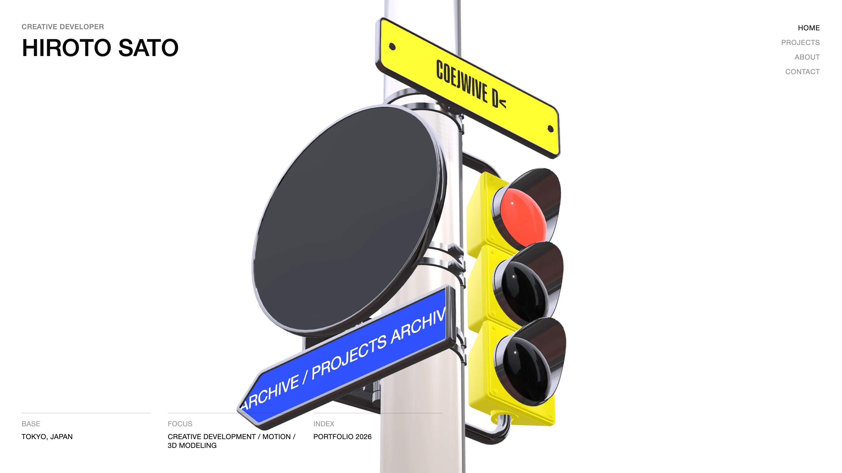 Hiroto Sato portfolio homepage: a 3D-rendered street corner with a chrome pole, a glossy yellow traffic light, and yellow and blue road signs, with the name Hiroto Sato set large on the left