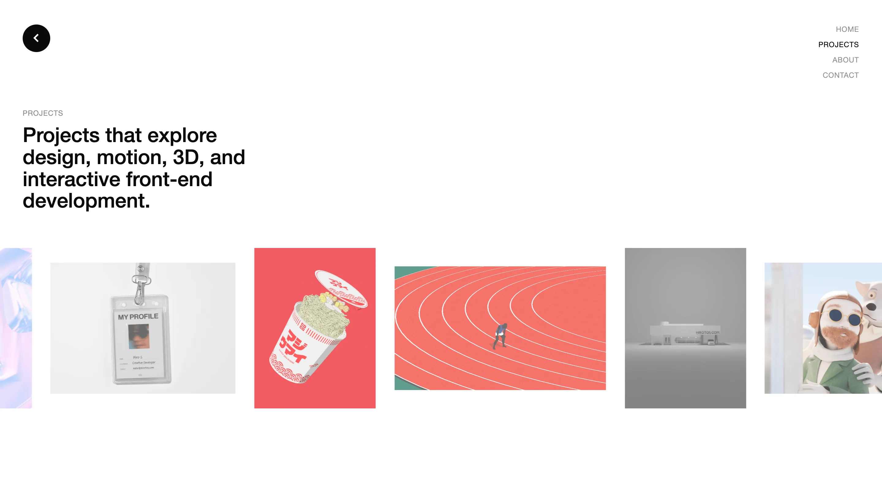 Hiroto Sato projects page: a bold black headline over a horizontal rail of 3D thumbnails, including a lanyard ID card, a cup-noodle render, and an aerial of a red running track