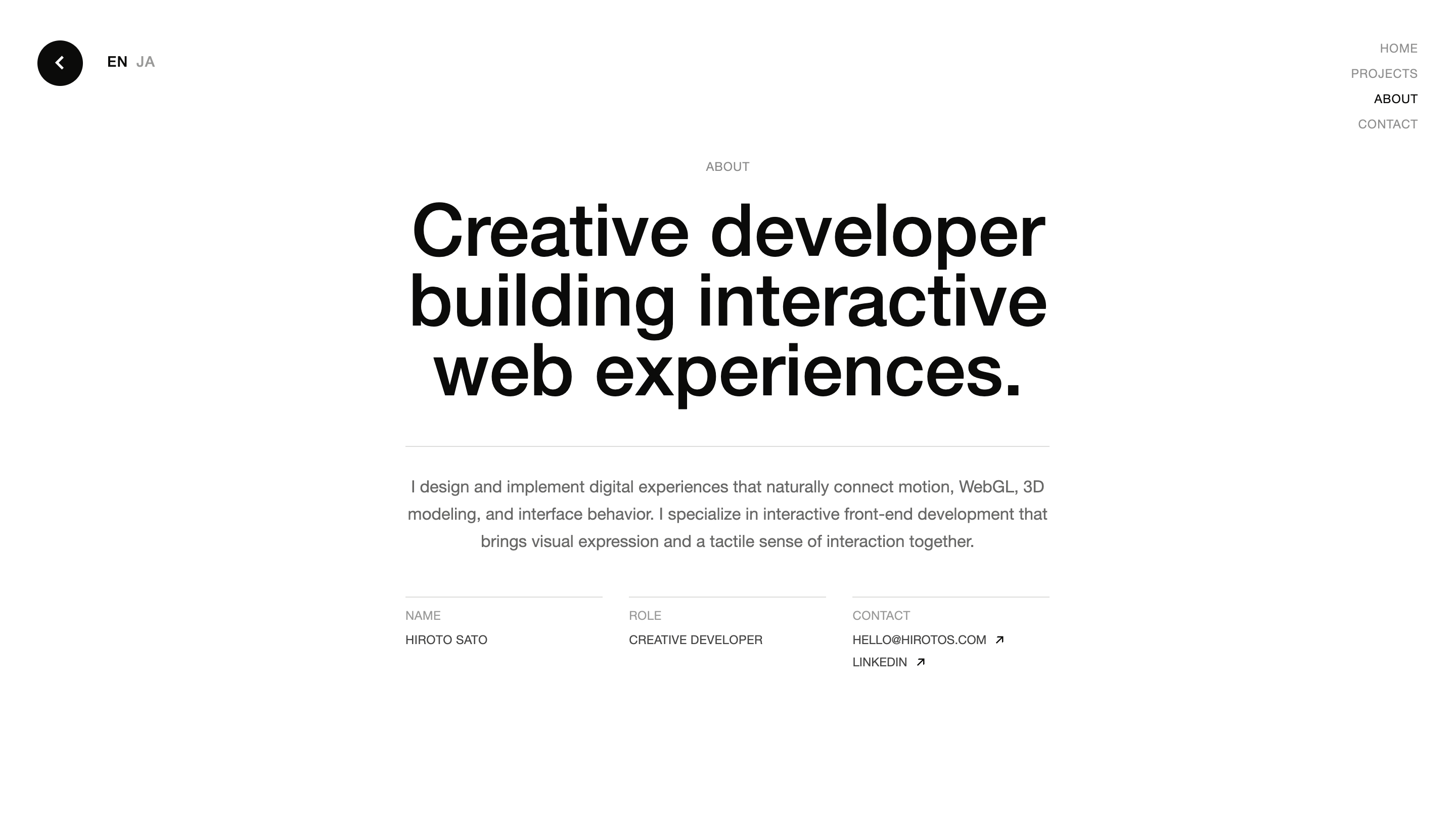 Hiroto Sato about page: an oversized black headline reading Creative developer building interactive web experiences on a white background, with a name, role and contact meta row below