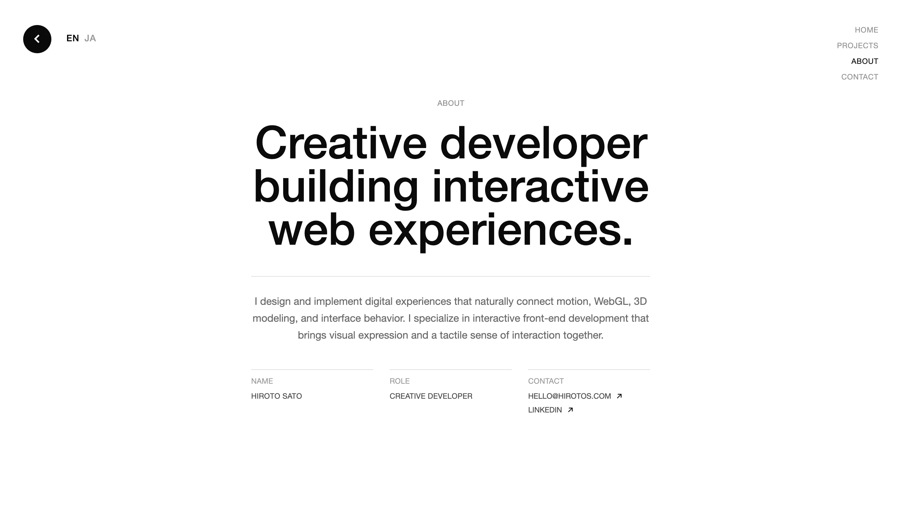 Hiroto Sato about page: an oversized black headline reading Creative developer building interactive web experiences on a white background, with a name, role and contact meta row below