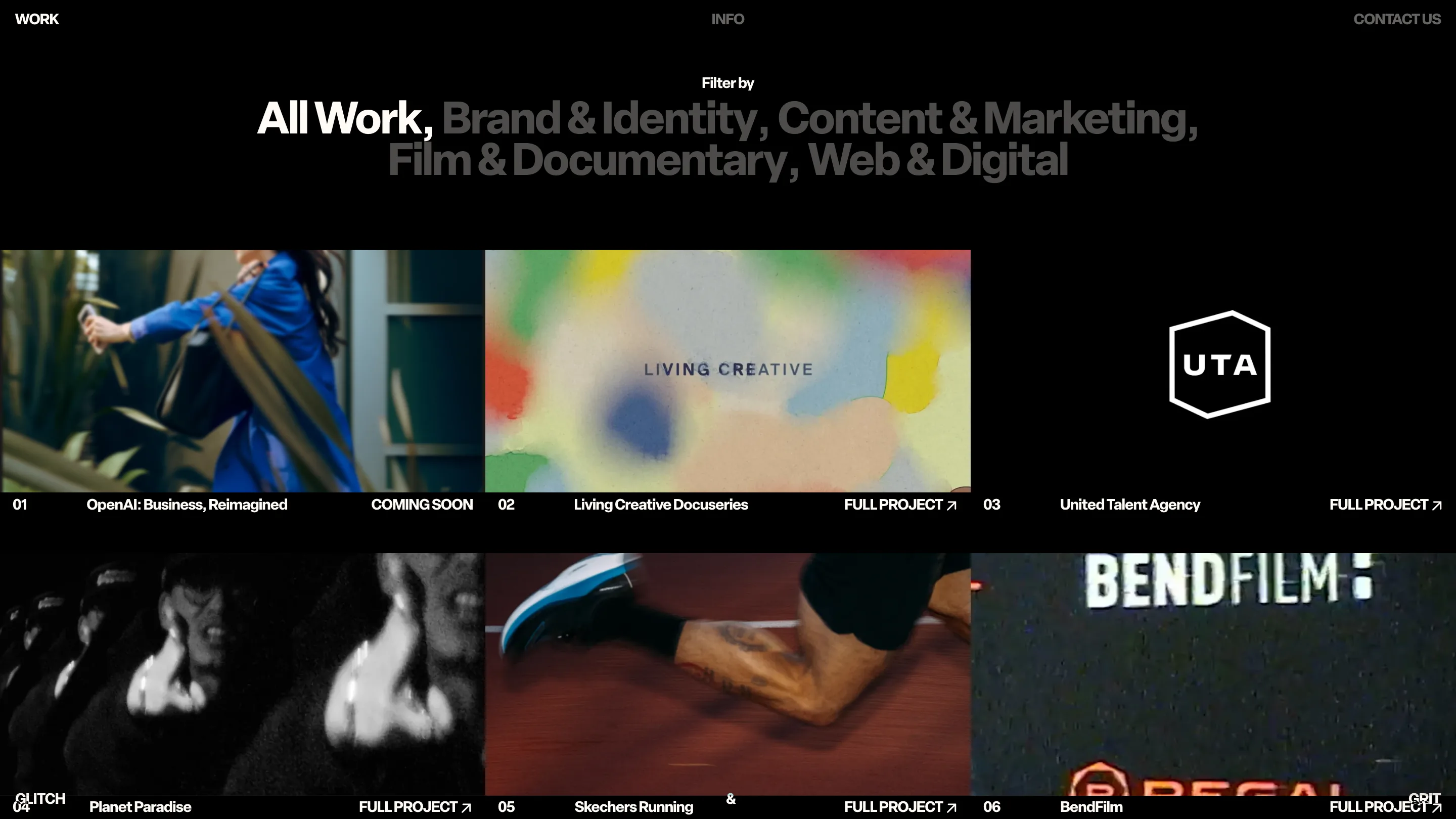 Glitch and Grit work index on black: the filter categories set as one large sentence with the active item in white, above a grid of six project thumbnails each labelled with a number, title and FULL PROJECT link