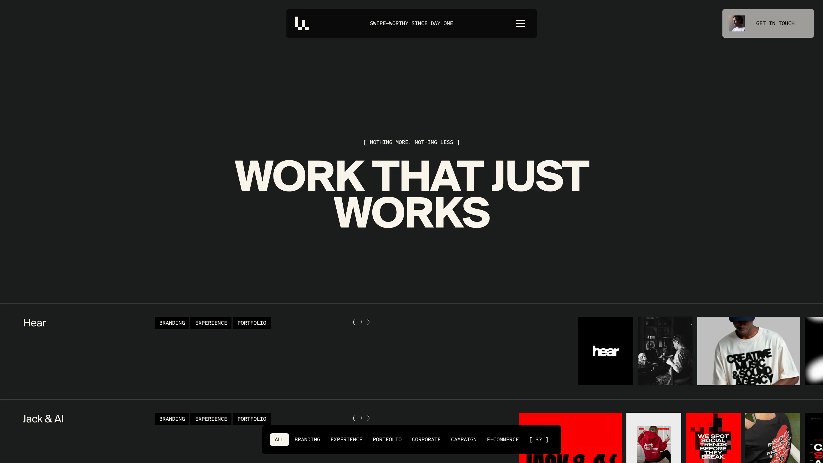 Lama Lama work index on near-black: the headline WORK THAT JUST WORKS above project rows with name, tag chips and a strip of thumbnails bleeding off the right edge