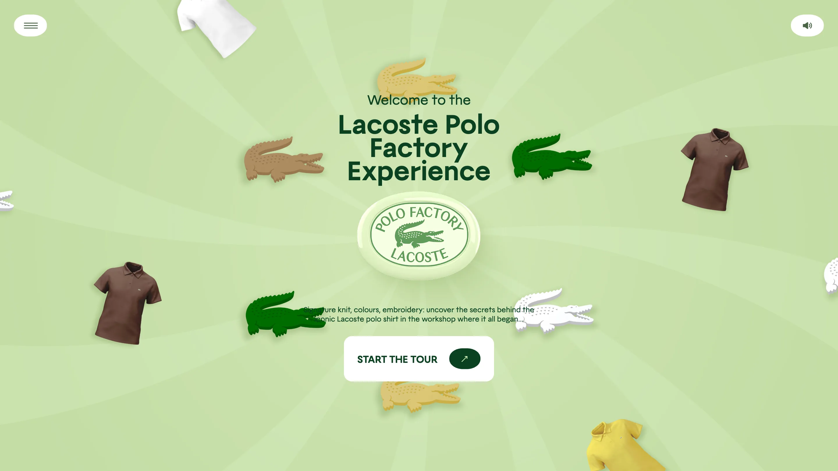 The Lacoste Polo Factory intro screen: 3D polos and crocodiles floating on a green field around an oval Polo Factory badge