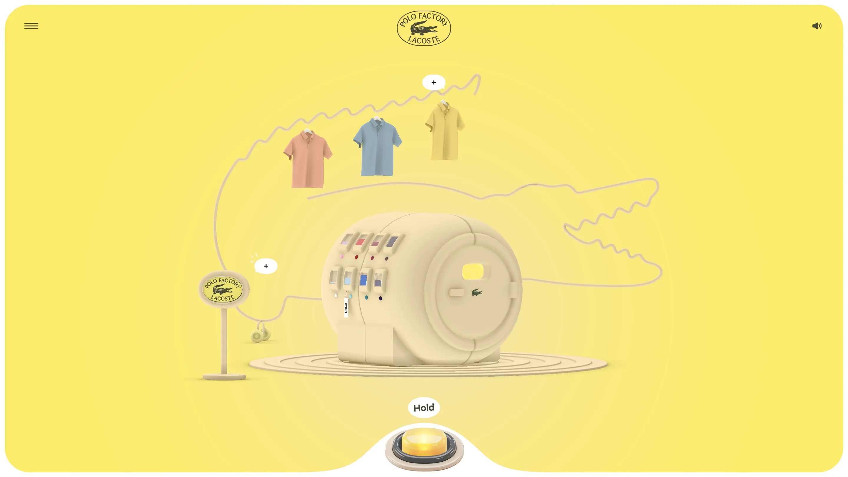 The dyeing room, all in butter yellow, with three coloured polos hanging above a drum machine and a glowing button labelled Hold