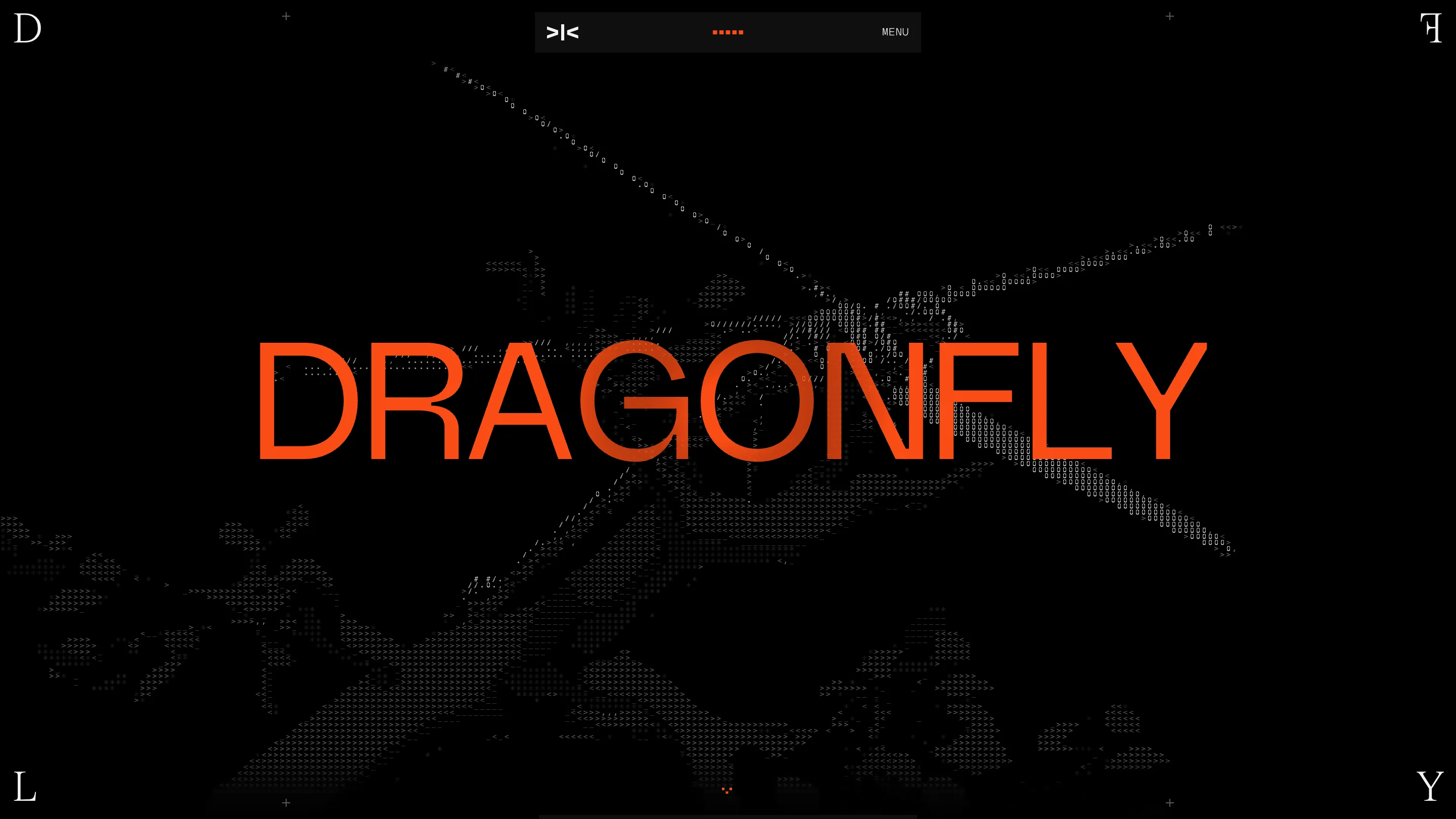 Dragonfly homepage hero: an ASCII-art dragonfly in white characters on black, with the word DRAGONFLY in large orange type across the middle