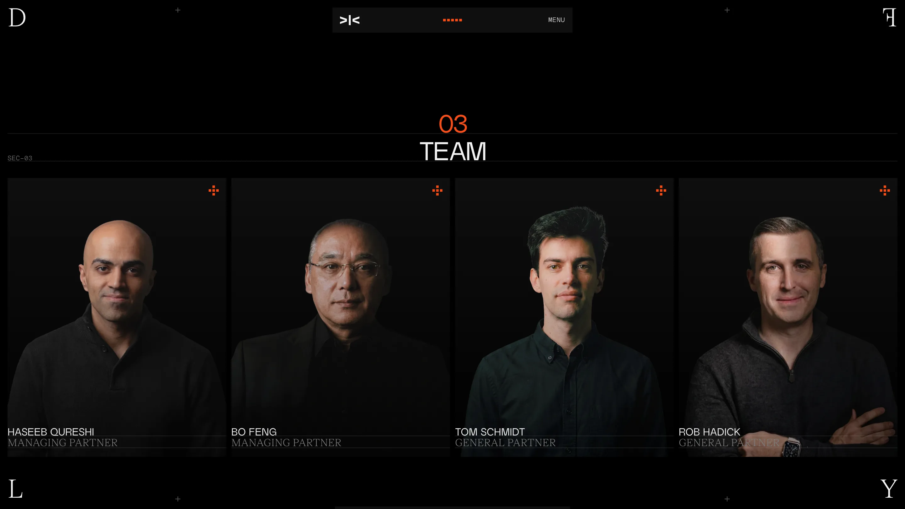 Team section of the Dragonfly site: four partner portraits shot on black with names in white caps below them