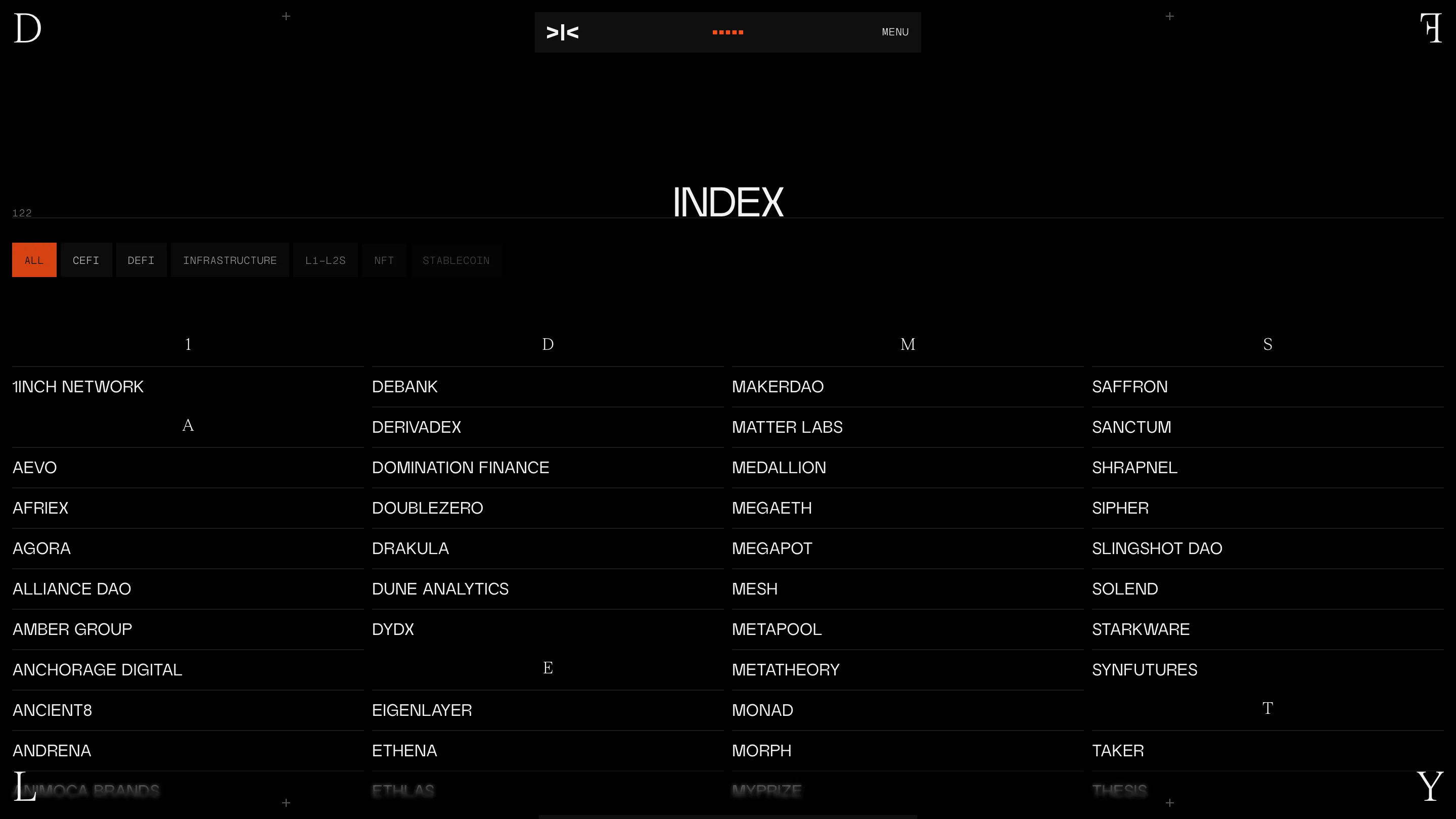 Dragonfly portfolio index: filter chips and four alphabetical columns of company names on hairline rules