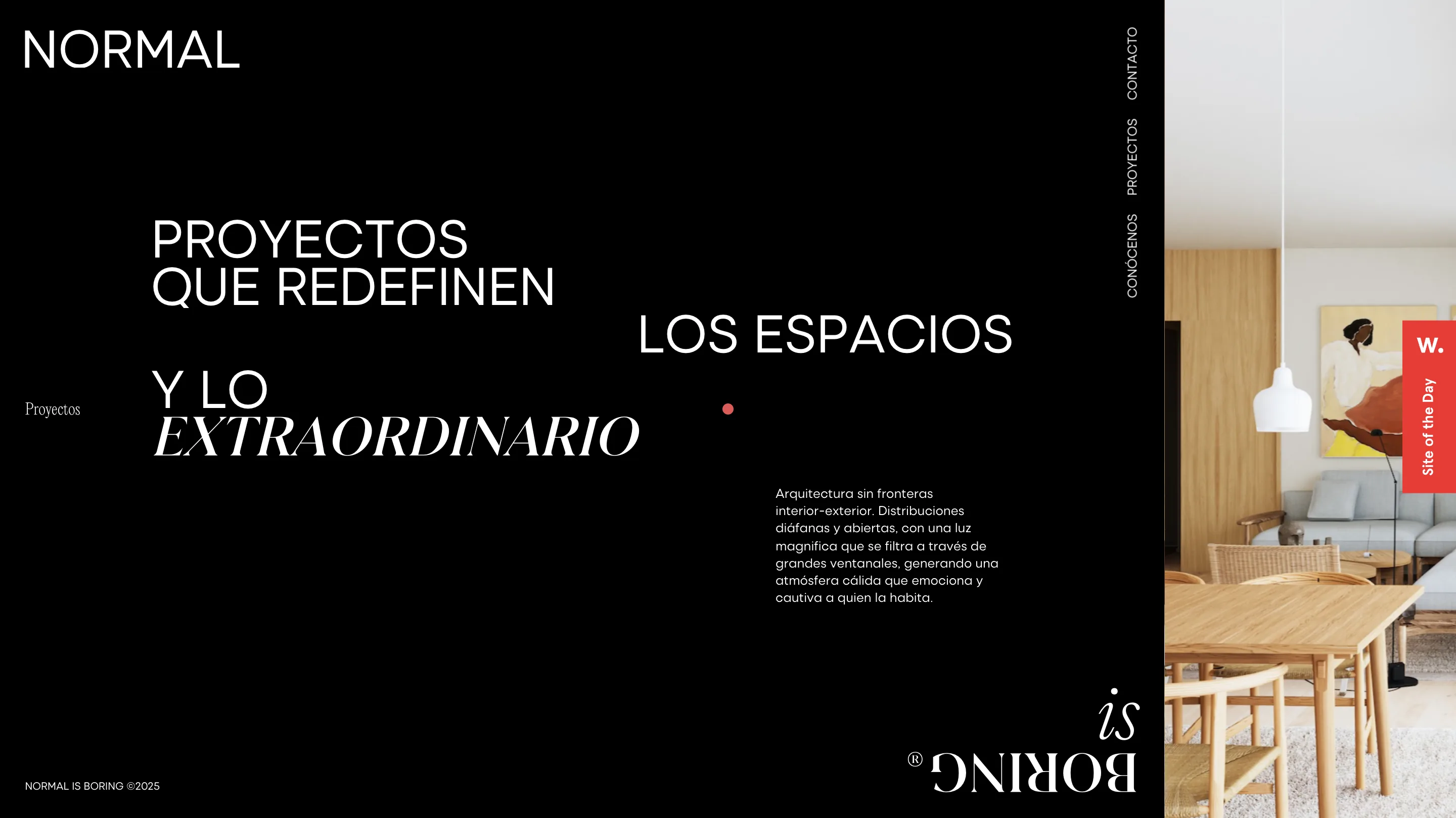 The projects page inverted to a black background with white type, an oak dining set in the photo on the right, and the italic serif word extraordinario