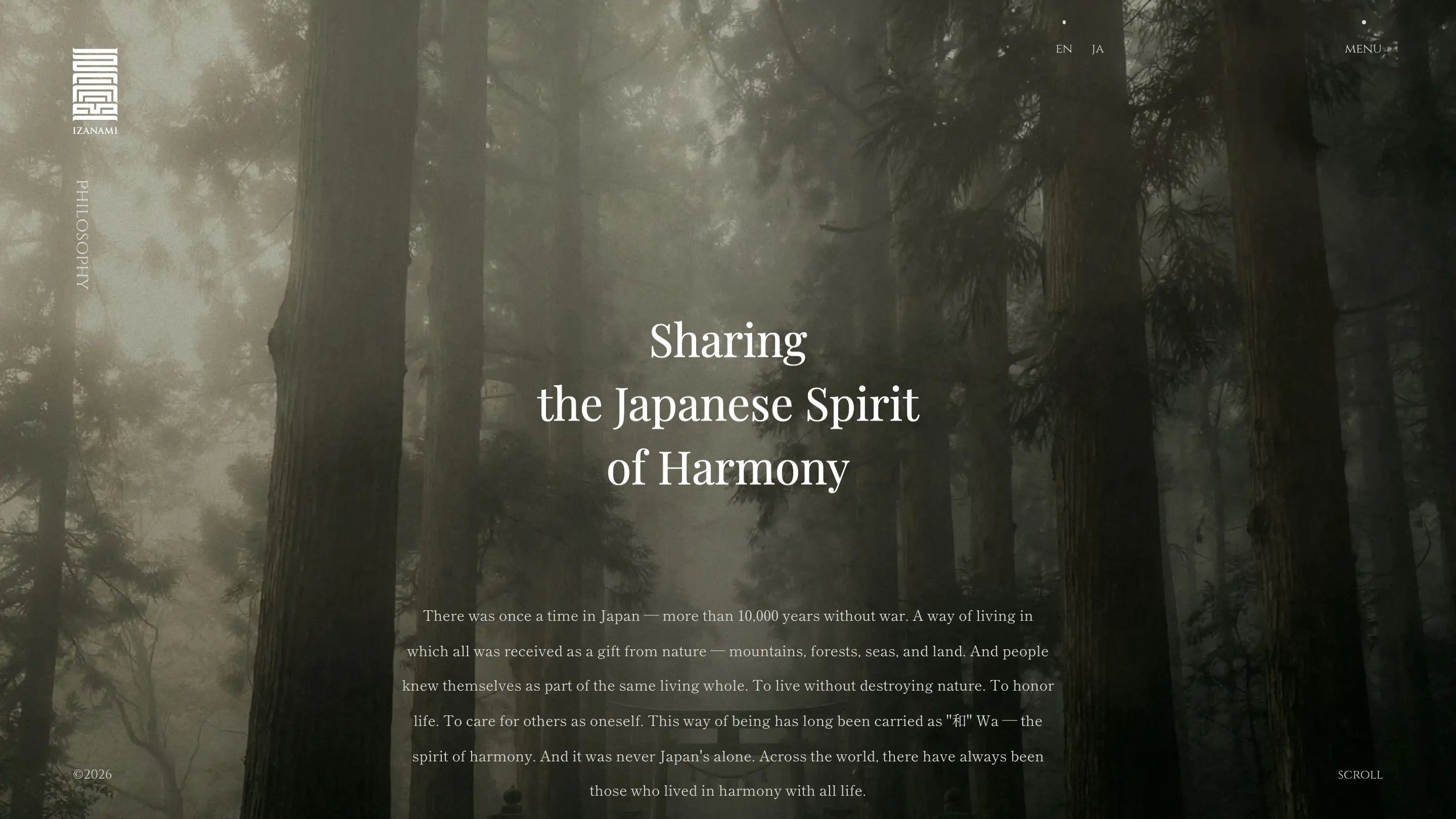 Izanami philosophy page: a misty cedar forest with a high-contrast serif headline reading Sharing the Japanese Spirit of Harmony