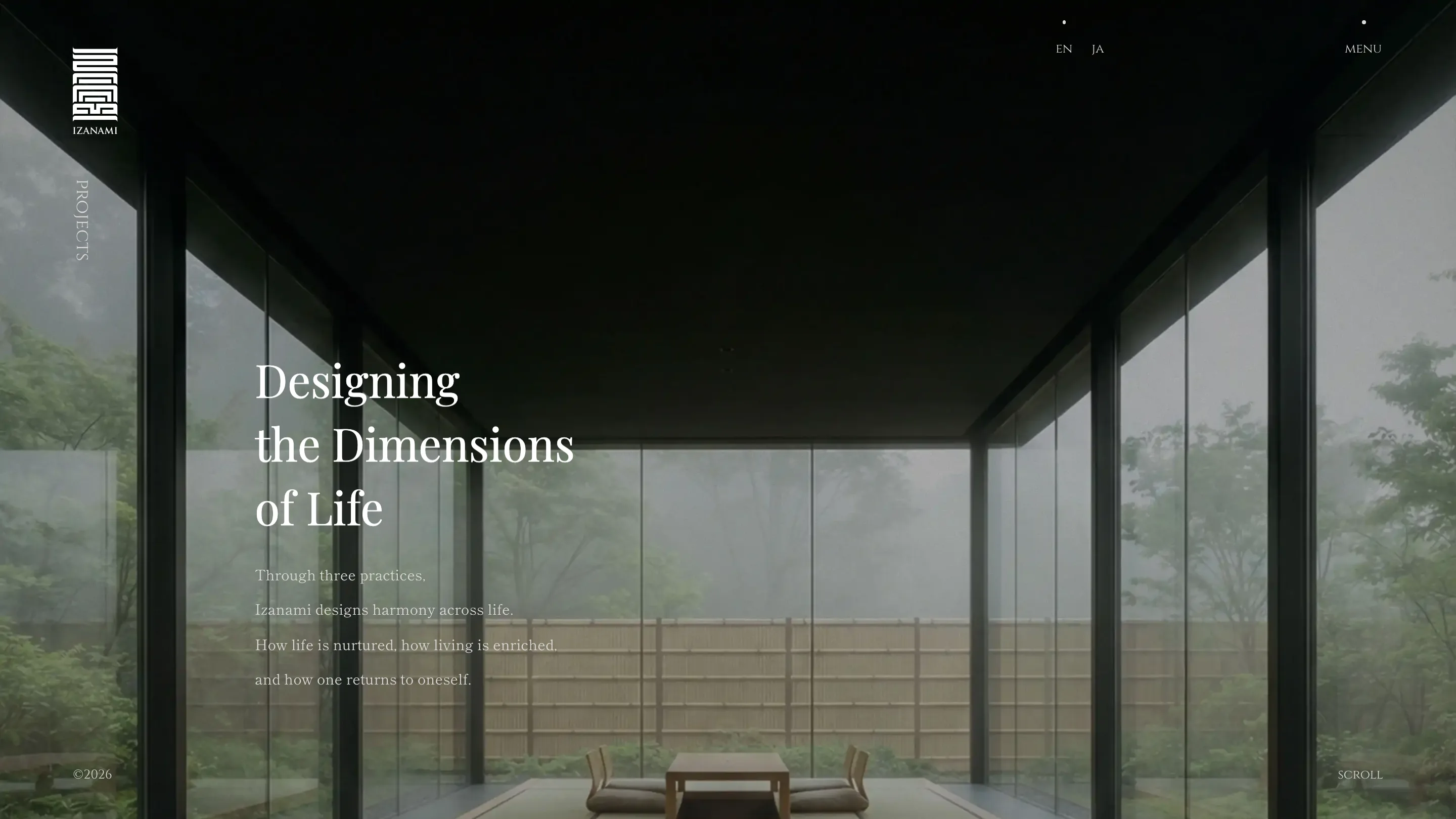 Izanami projects page: view from inside a minimalist Japanese room through floor-to-ceiling glass onto a misty garden with a bamboo fence