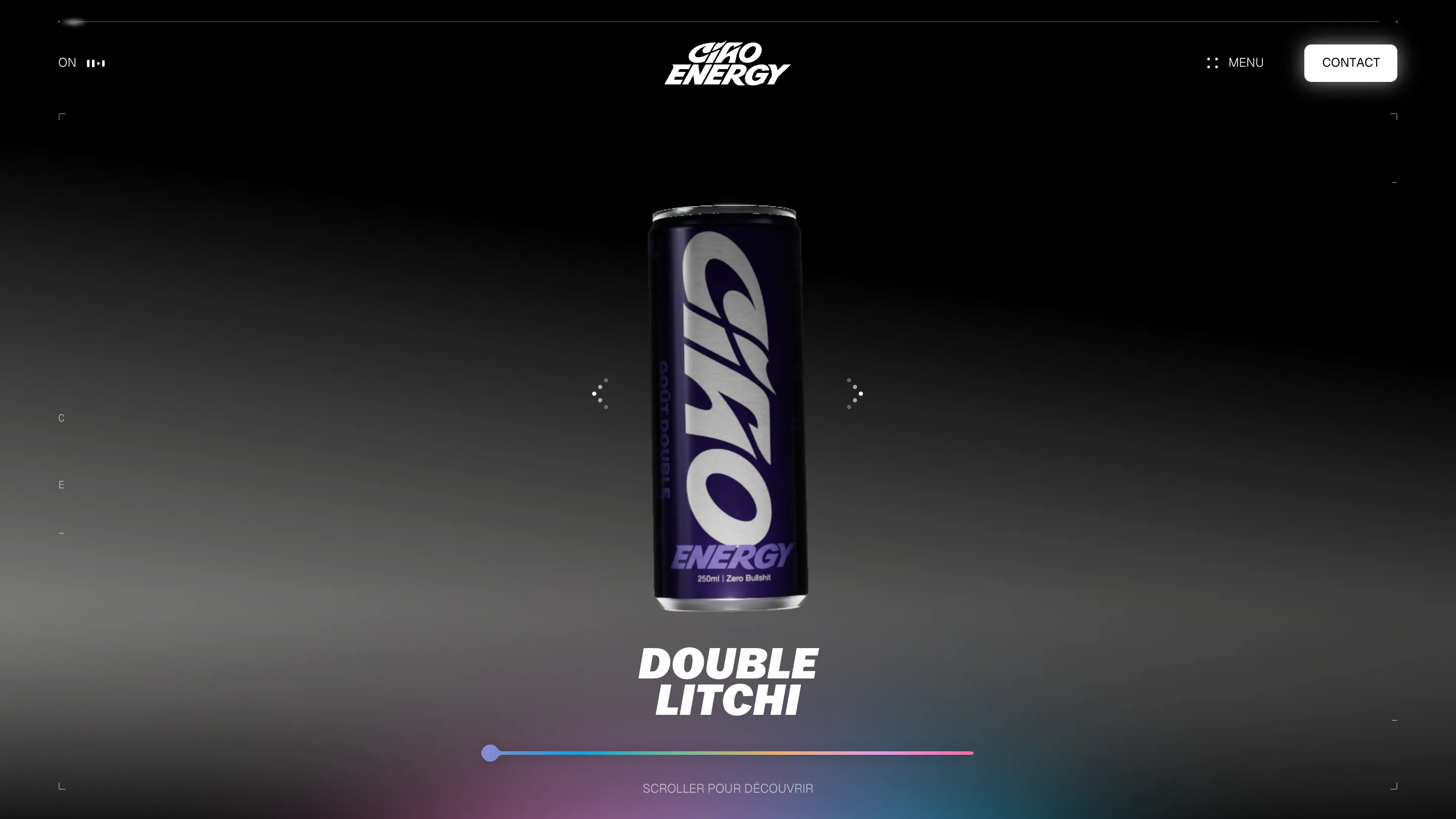 A single dark purple Ciao Energy can floating centred in a black studio void, big italic CIAO wordmark wrapped around it, label reading Double Litchi