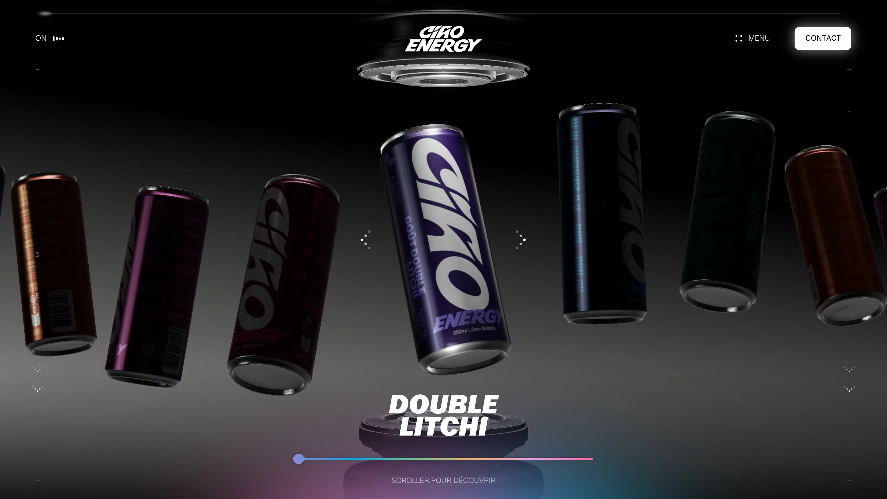 Six dark metallic Ciao Energy cans floating in a black studio void between two turntable discs, a purple Double Litchi can facing front, rainbow progress bar below