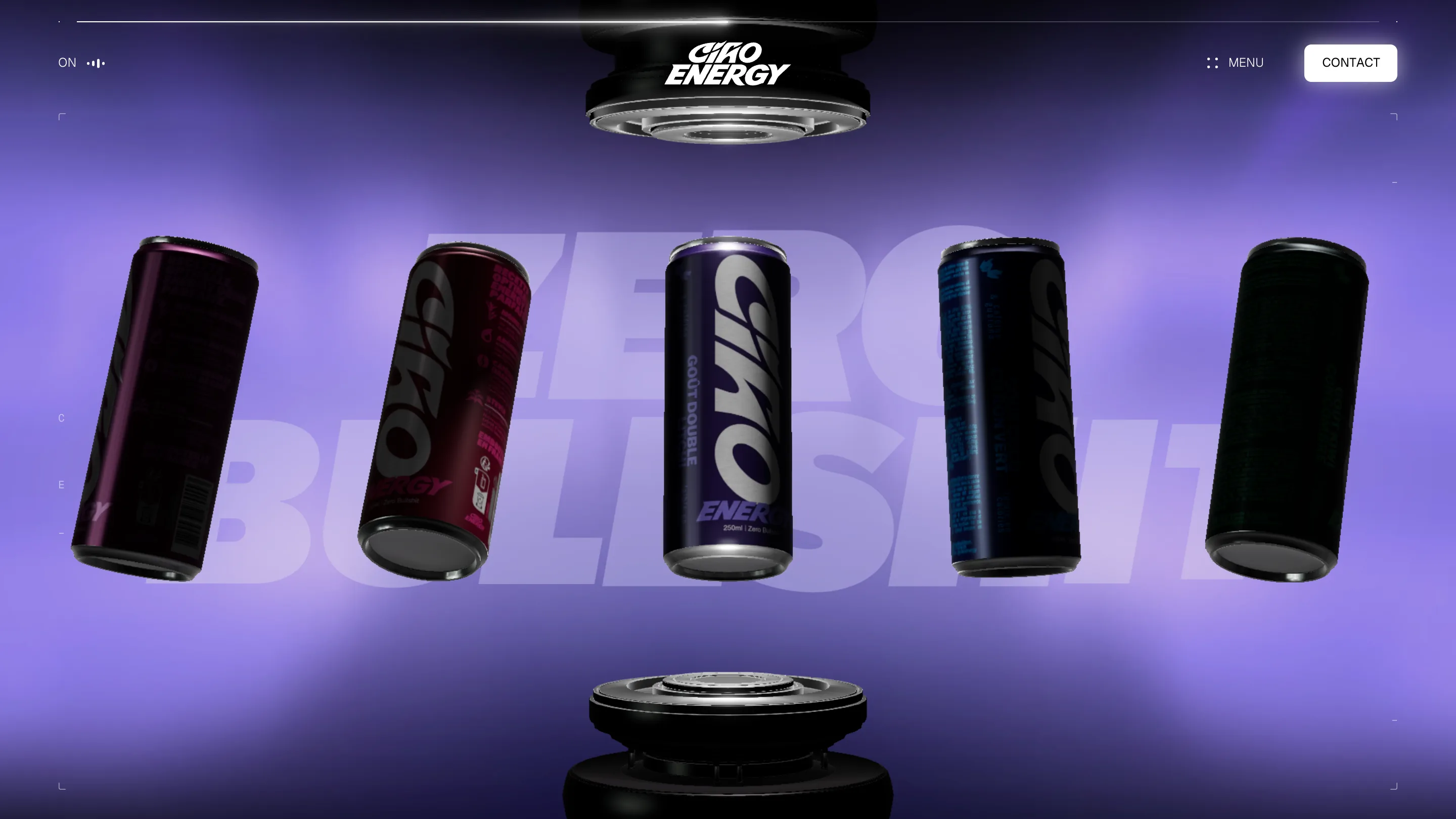 Five Ciao Energy cans lined up against a purple lit background with the words ZERO BULLSHIT ghosted large behind them