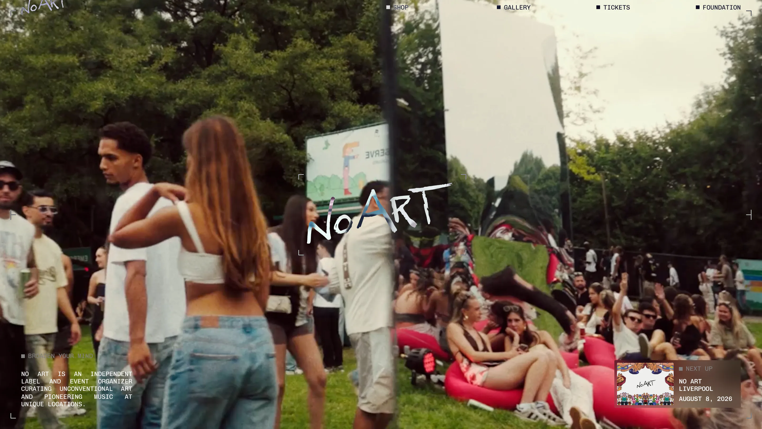 No Art homepage: full-bleed festival video with a chrome sculpture distorting the crowd, a hand-drawn 'No Art' wordmark centered, monospace nav and crop marks framing the viewport