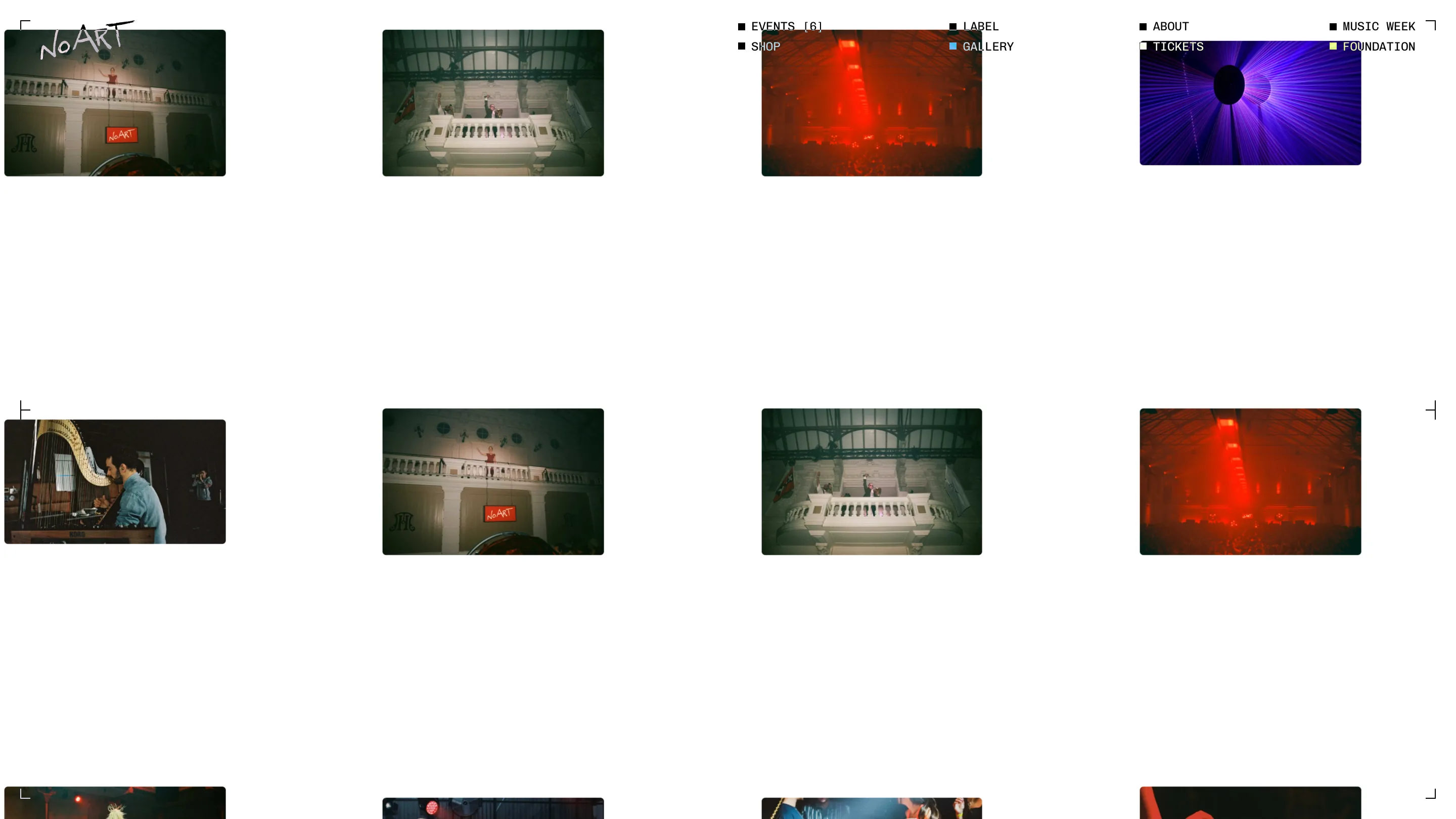 No Art gallery page: a grid of small film-still thumbnails on white, each with crop-mark corners