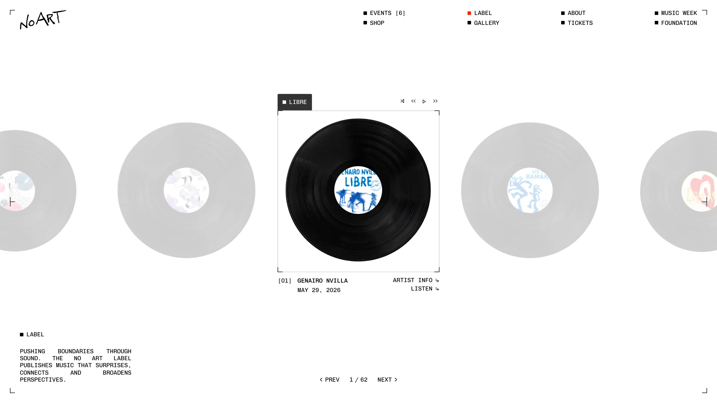 No Art label page: a black vinyl record in focus at center, flanked by greyed-out ghost records, with player controls above