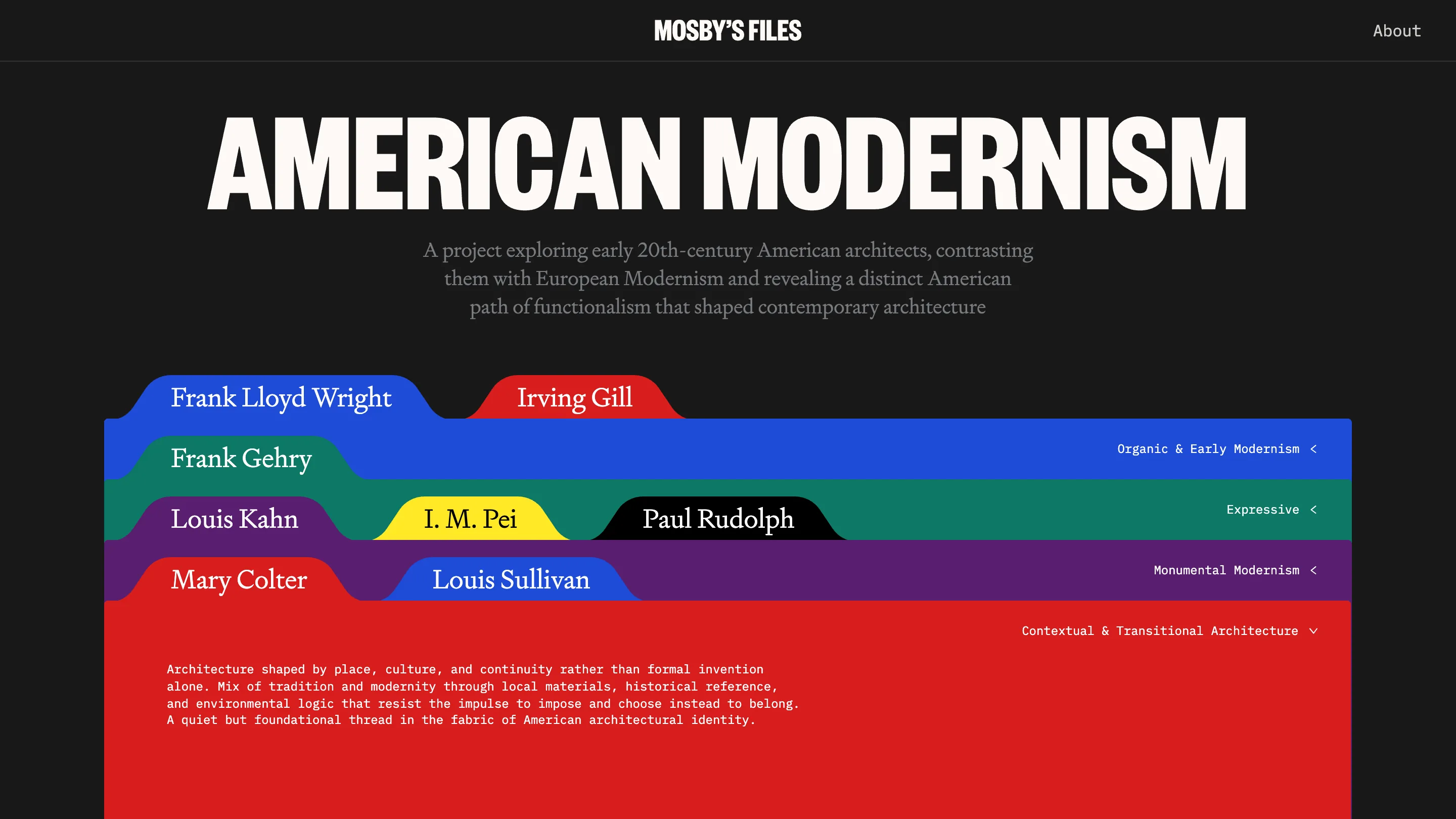 Mosby's Files home page: the words AMERICAN MODERNISM set huge in white on charcoal, above a stack of color-coded folder tabs, each carrying an architect's name.
