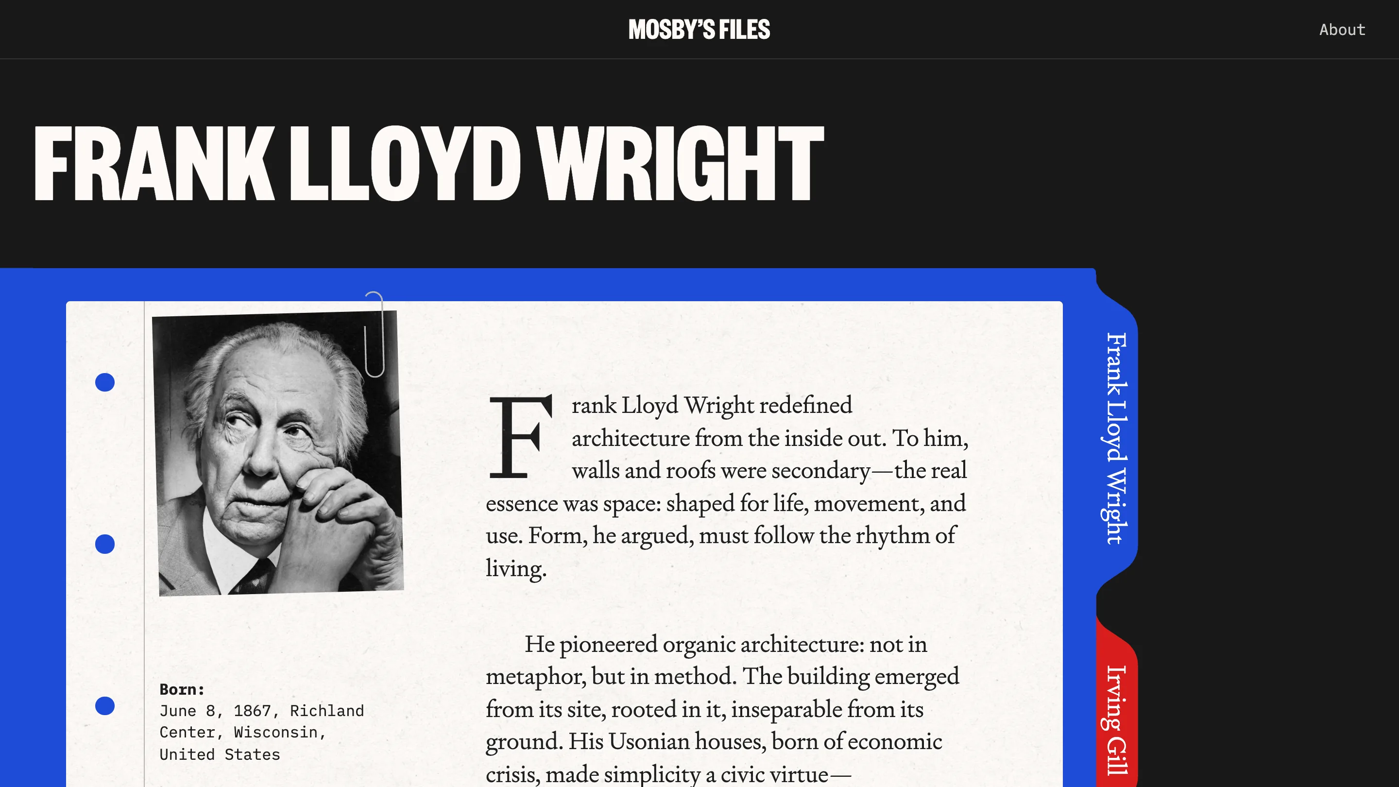Frank Lloyd Wright dossier page: a paperclipped black-and-white portrait on aged paper with a drop-cap serif intro and the other architects' colored tabs indexed down the right edge.