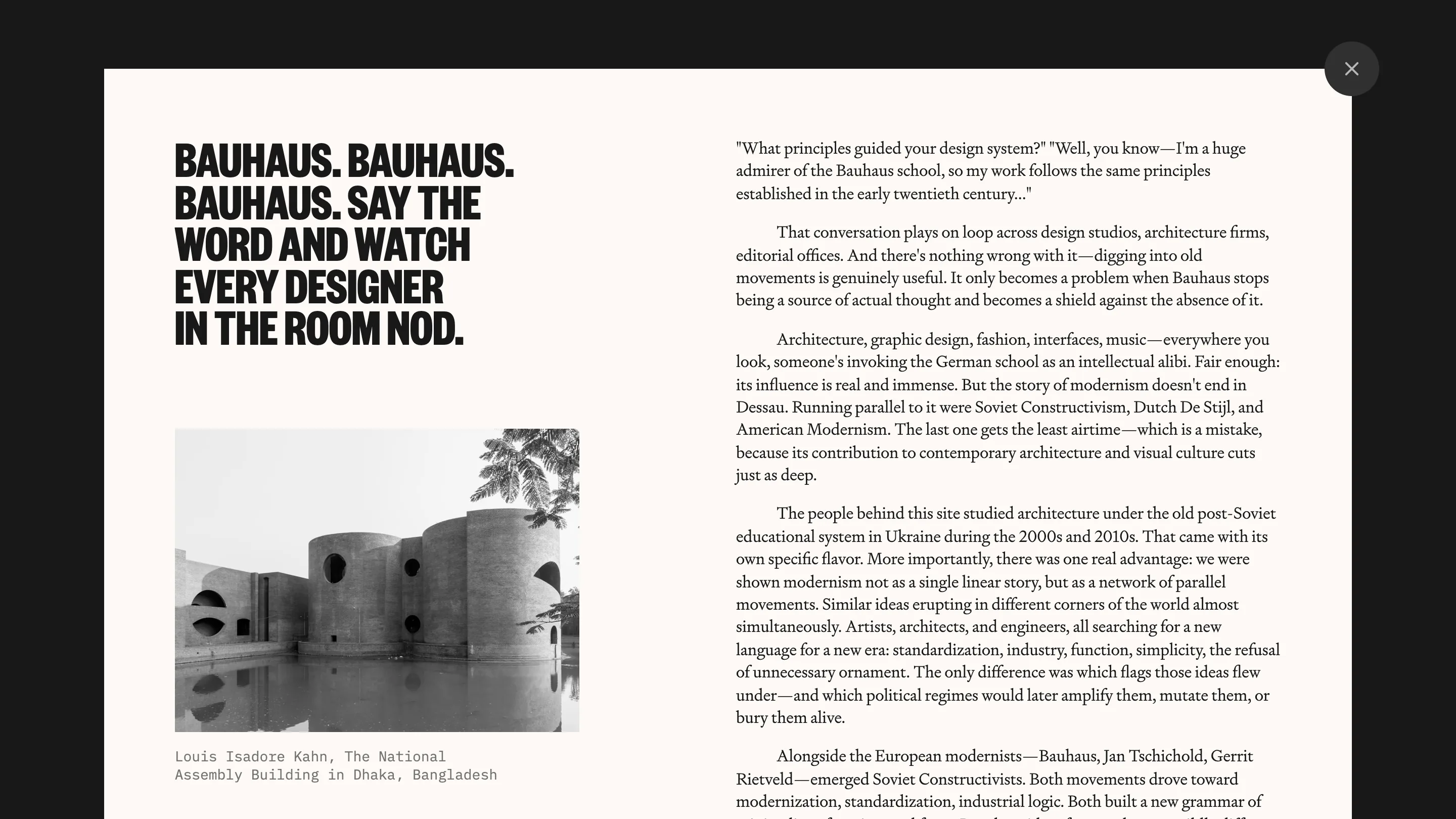 About panel on cream paper: a large black condensed headline about Bauhaus and a two-column essay, with a black-and-white photo of Louis Kahn's National Assembly Building in Dhaka.