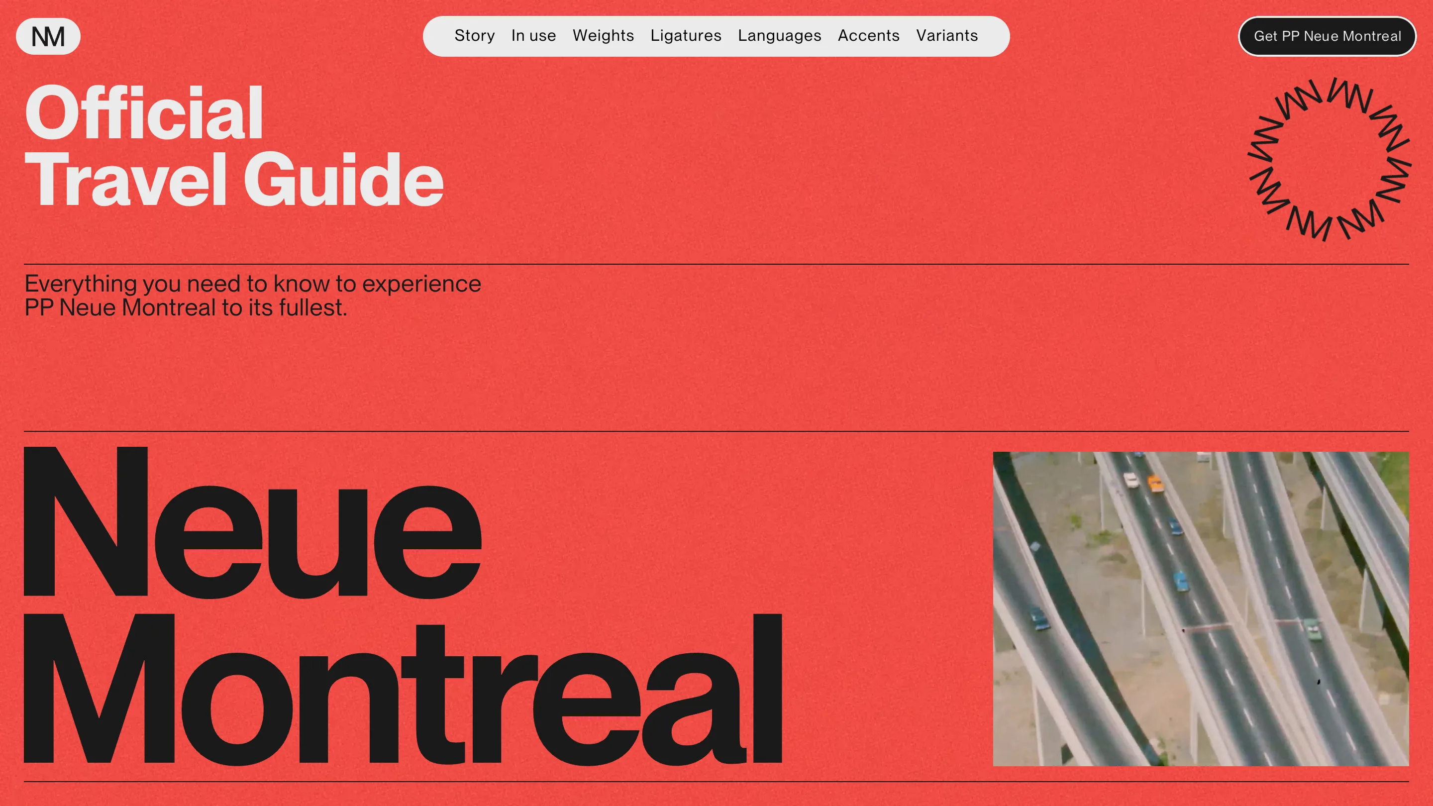 The PP Neue Montreal hero: Official Travel Guide set in white on a tomato red field, with the Neue Montreal wordmark in huge black type and a small video of Montreal highway interchanges at right