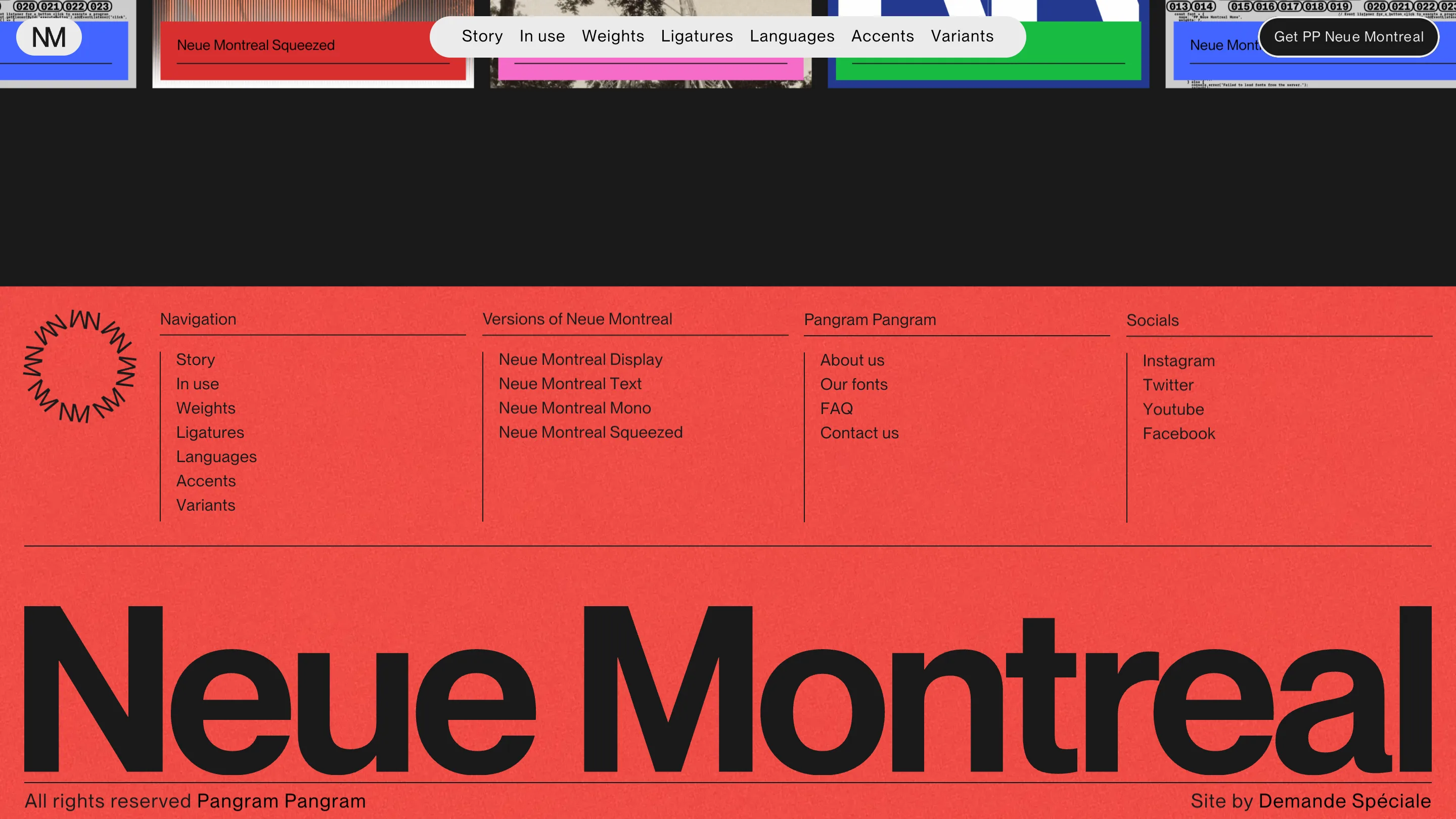 Footer of the Neue Montreal site: a black band with a row of in-use specimens above a red footer with four link columns and a giant Neue Montreal wordmark bleeding across the bottom