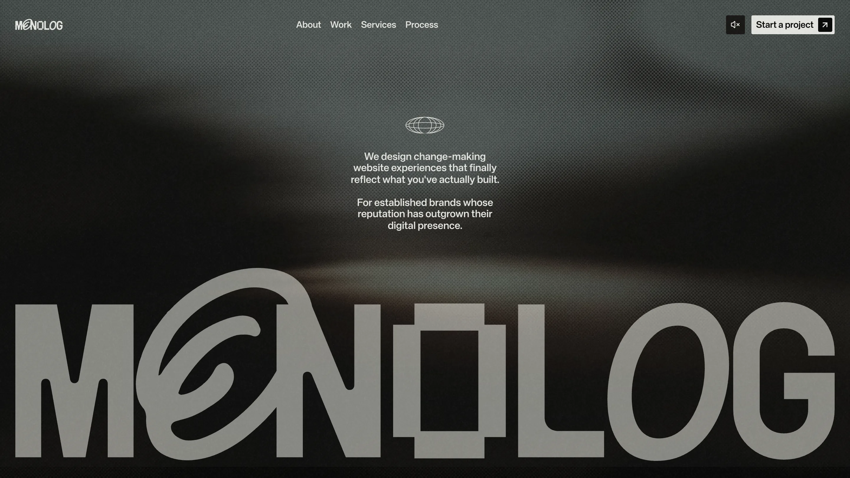 The MONOLOG home page hero: the wordmark set across the full width of a dark, blurred video, with a short positioning line centred above it in small white type