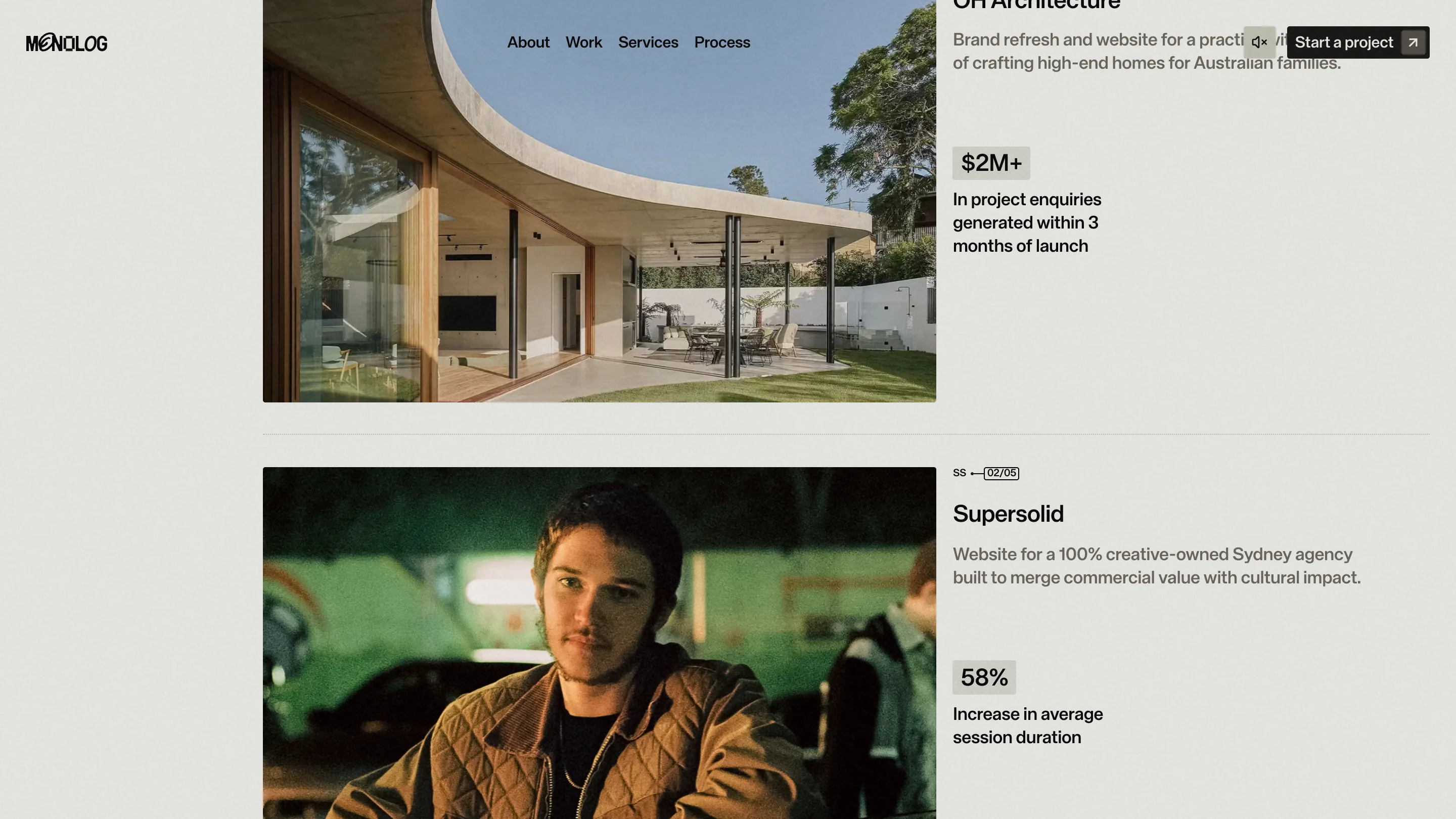 Two case study rows on the MONOLOG home page: a photograph on the left, and on the right the client name, a one-line description, and a single figure in a grey highlight with a caption underneath