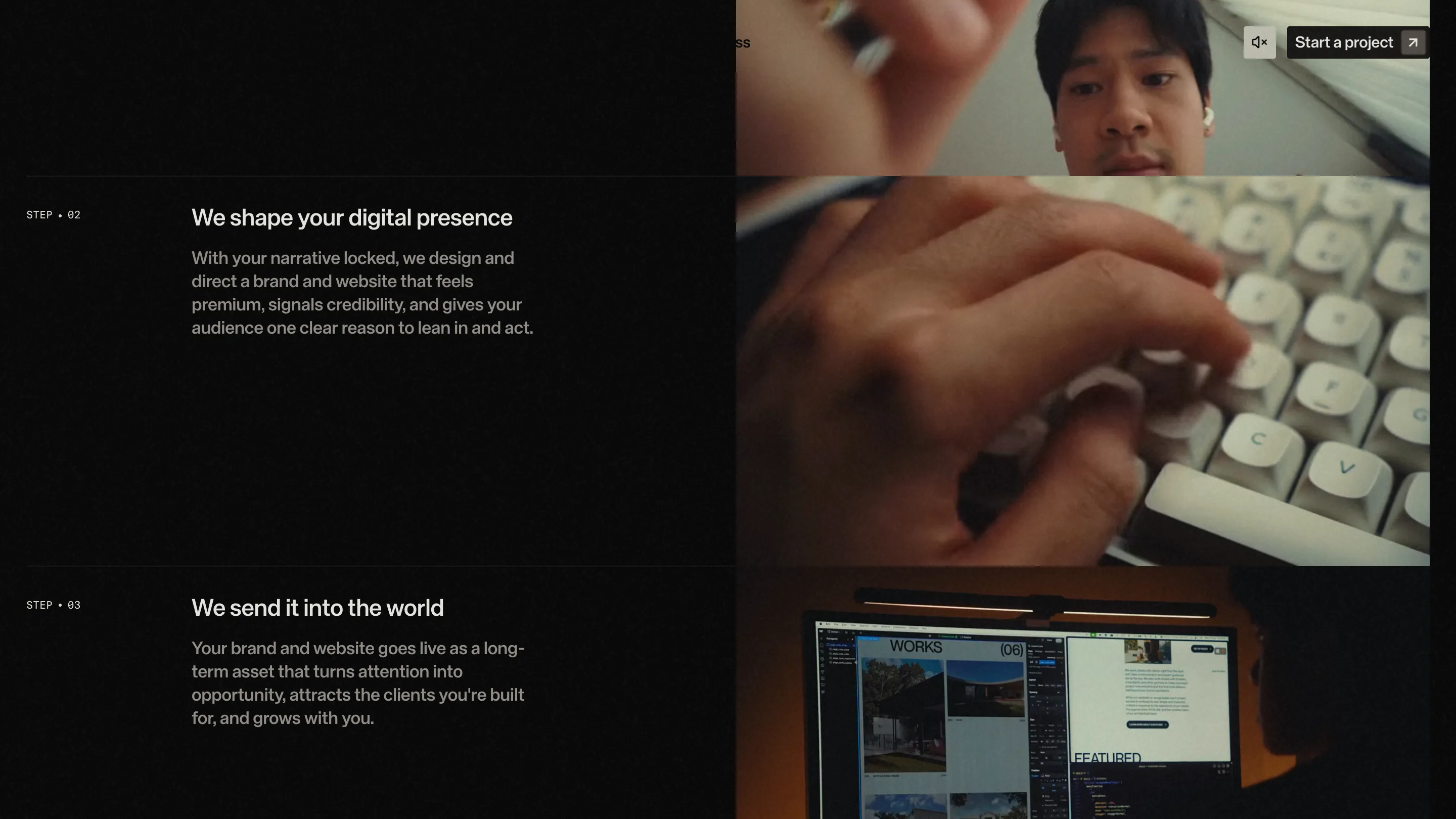 The dark process section of the MONOLOG site: STEP 02 and STEP 03 headings with short paragraphs on the left, and video stills of hands typing and a laptop screen on the right