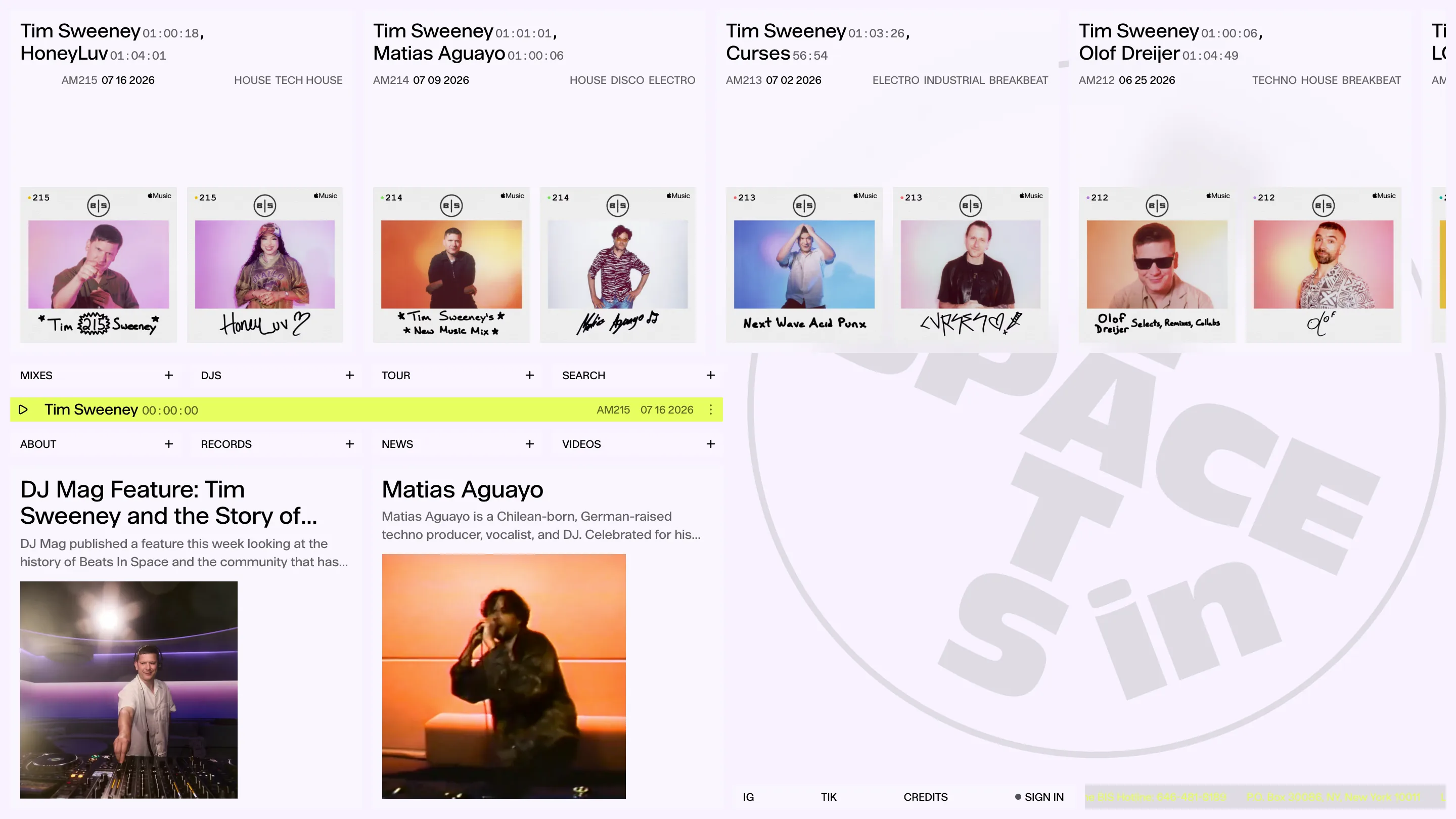 Beats in Space homepage: horizontal row of mix cards with signed polaroids, a fixed eight-cell navigation grid and a yellow player bar