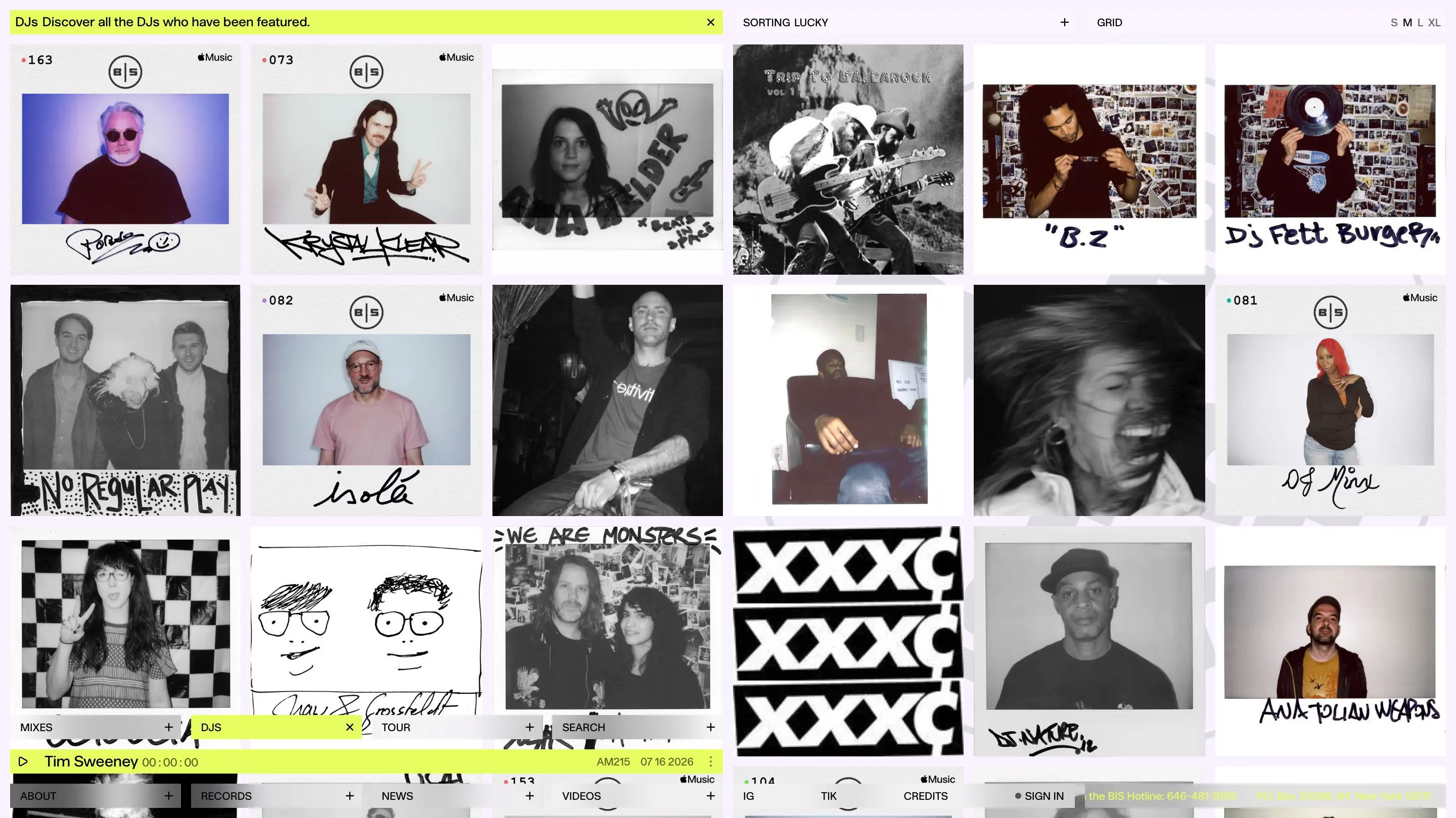 Grid of signed polaroid portraits of DJs on the Beats in Space DJs page, each with a handwritten signature