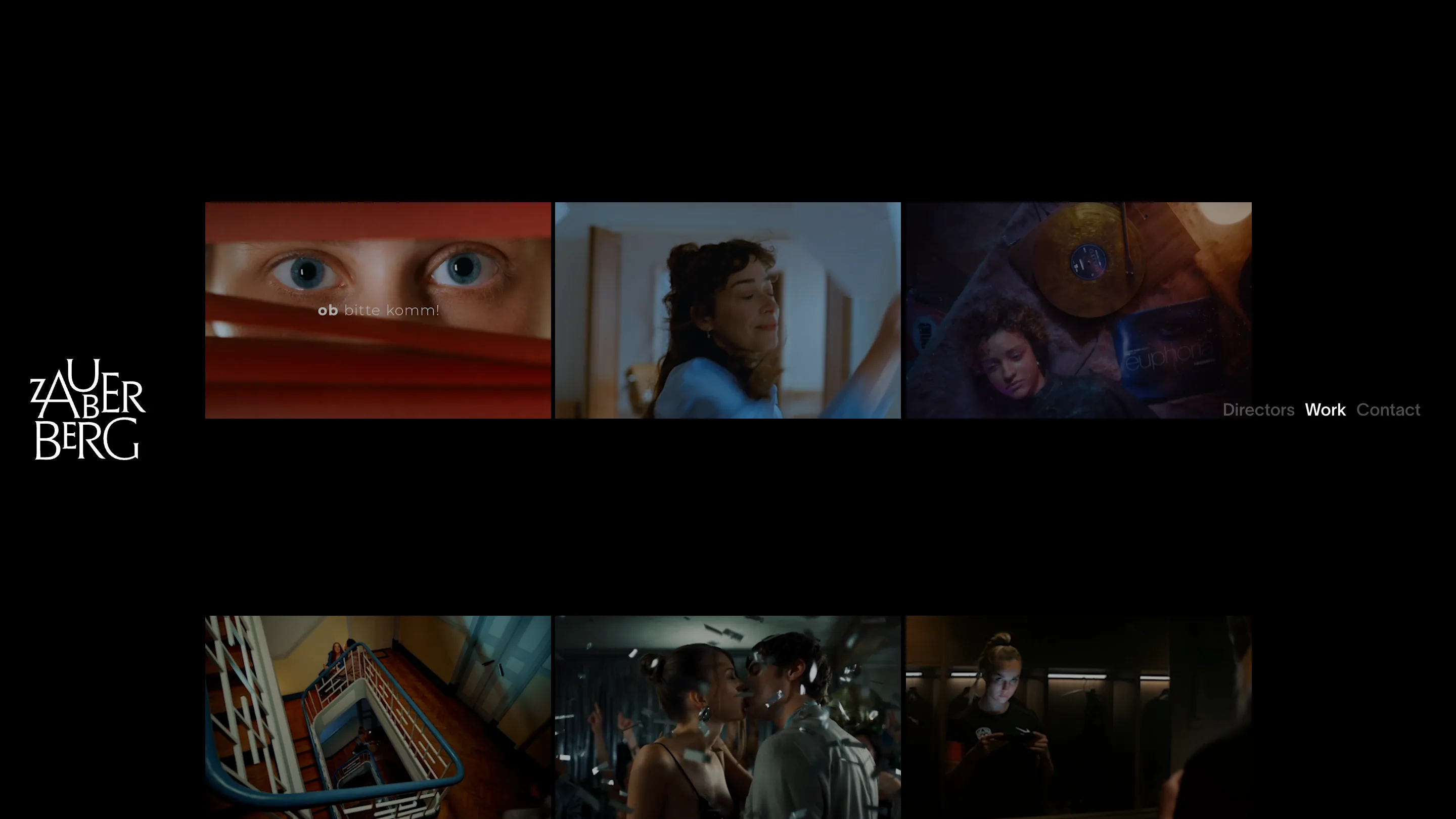 The Zauberberg work page: six 16:9 film stills in a three-column grid on black with wide vertical gaps and no captions