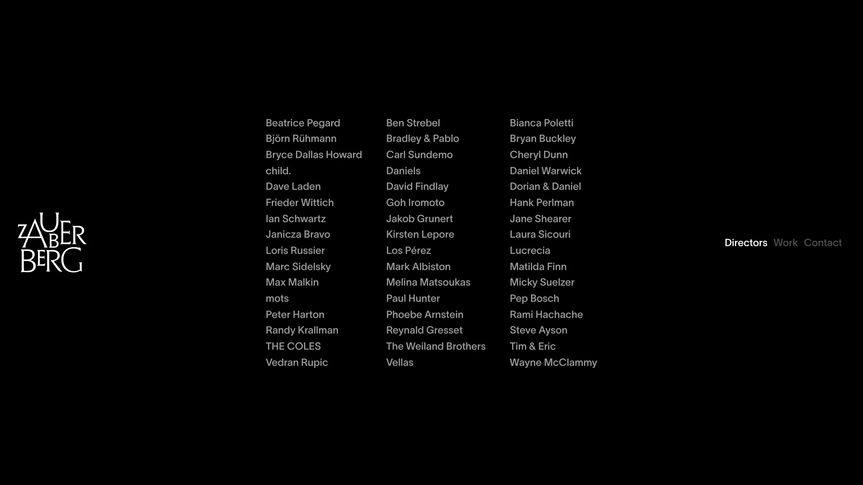 The Zauberberg directors page: 51 names in three columns of grey type on black, with the logo at left and navigation at right