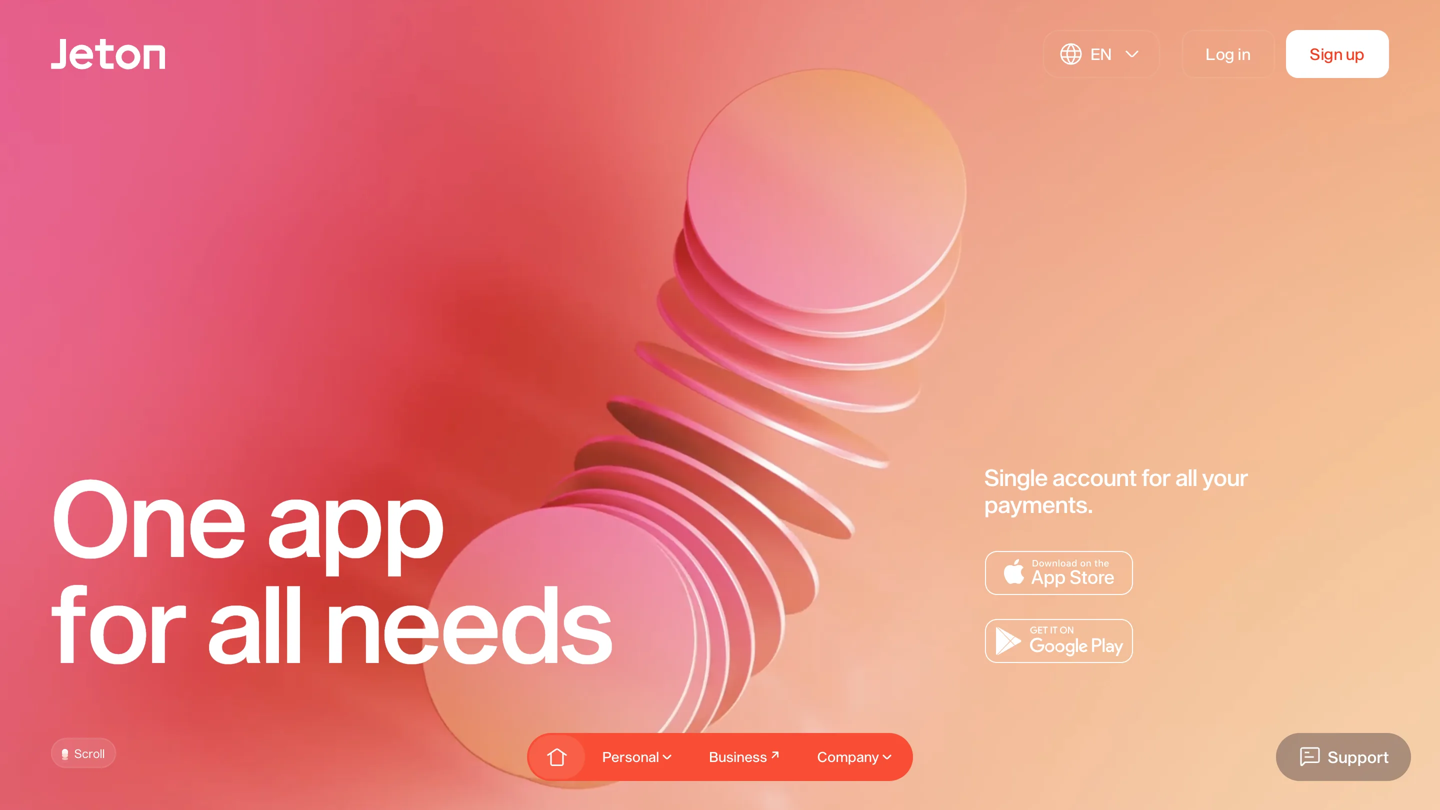 Jeton home page: a stack of translucent chips fanning out on a warm pink-to-orange gradient, with the headline One app for all needs