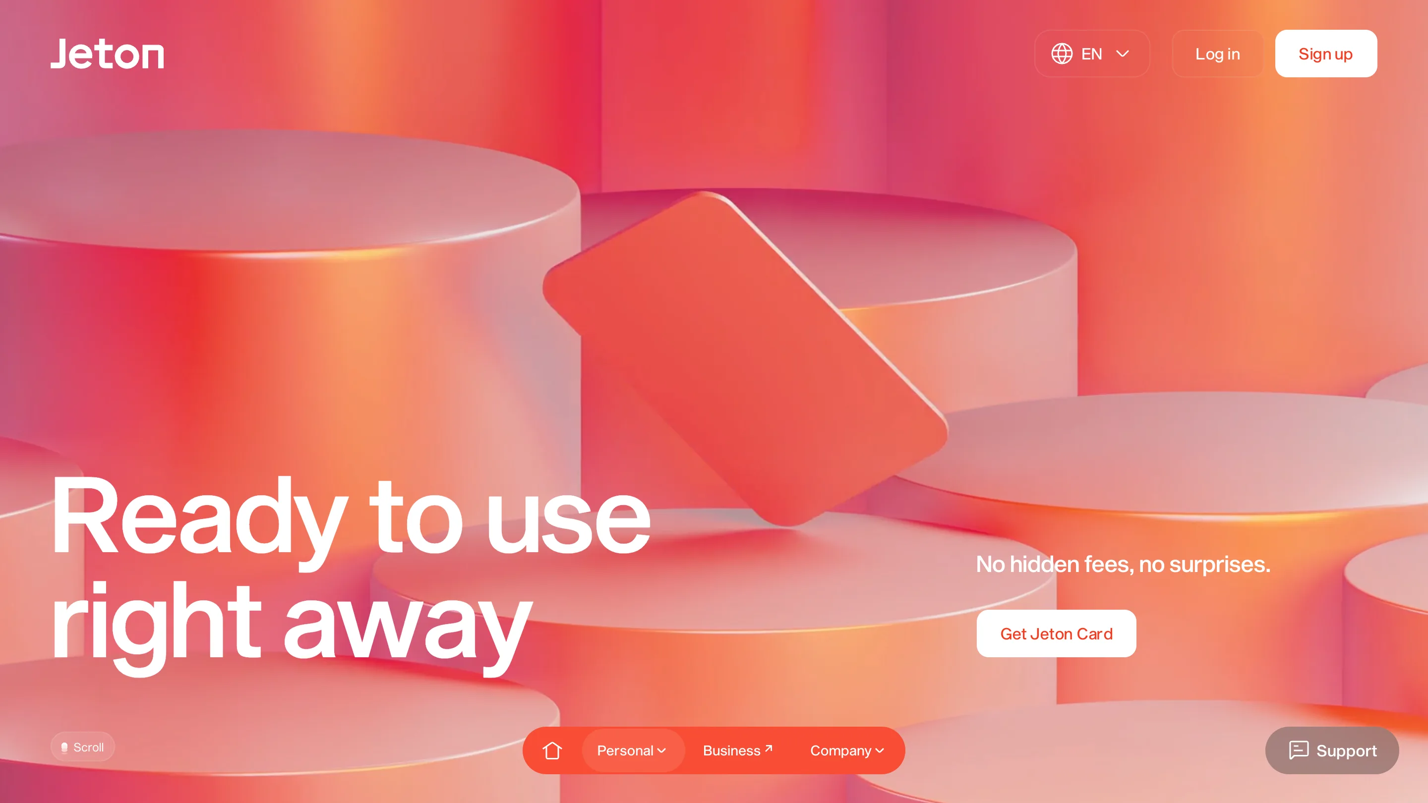 Jeton card page: a single orange card tilted on soft rounded podiums, headline reading Ready to use right away