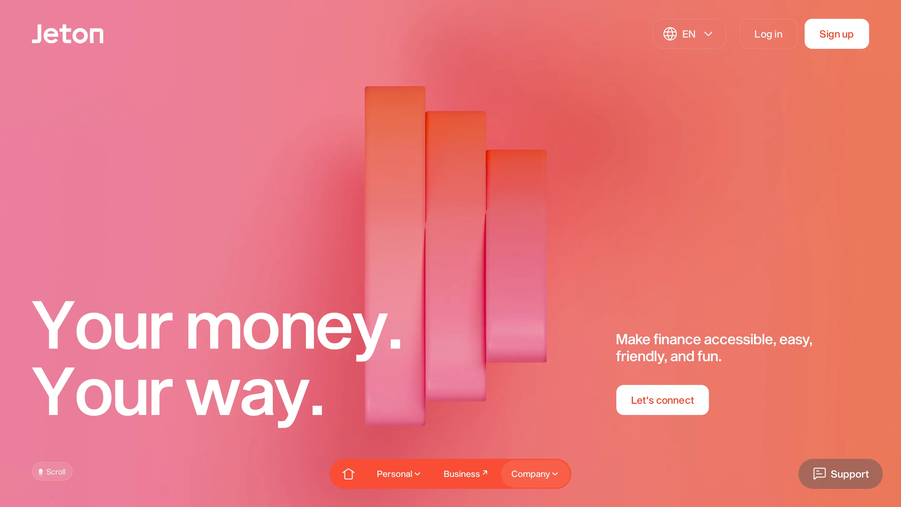 Jeton about page: three rounded 3D columns on a pink-orange gradient, headline reading Your money. Your way.