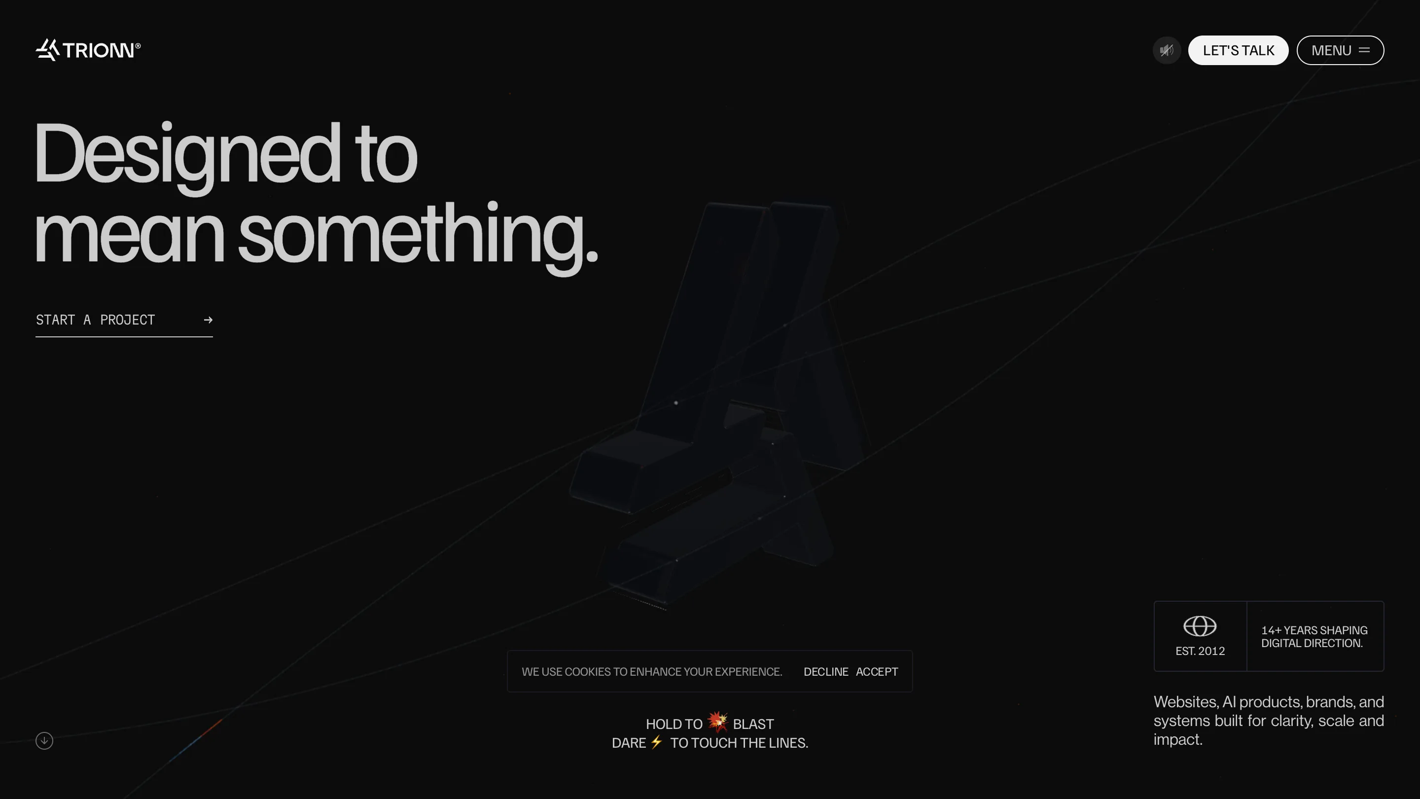 TRIONN home page: the words 'Designed to mean something' in off-white on near-black, beside a dark chrome 3D arrow mark with thin lines radiating across the screen.