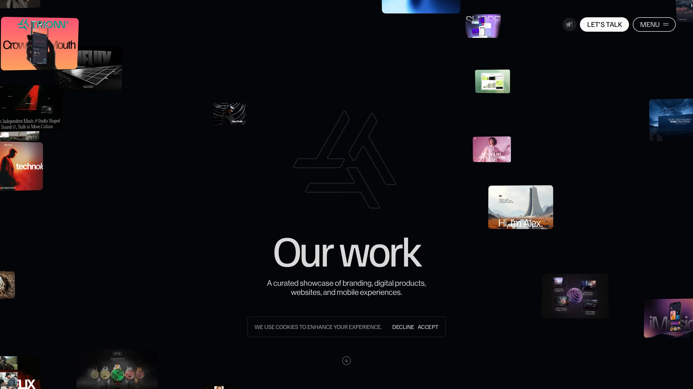 TRIONN work page: the words 'Our work' centered on a black background, with project thumbnails scattered like a constellation around the edges.