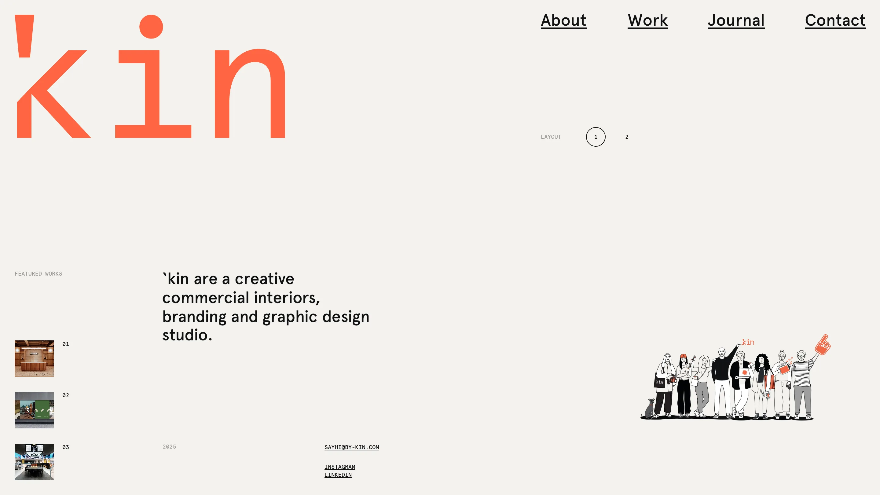 'kin studio homepage: a large coral lowercase 'kin wordmark on cream, top navigation, and a hand-drawn line illustration of the team.