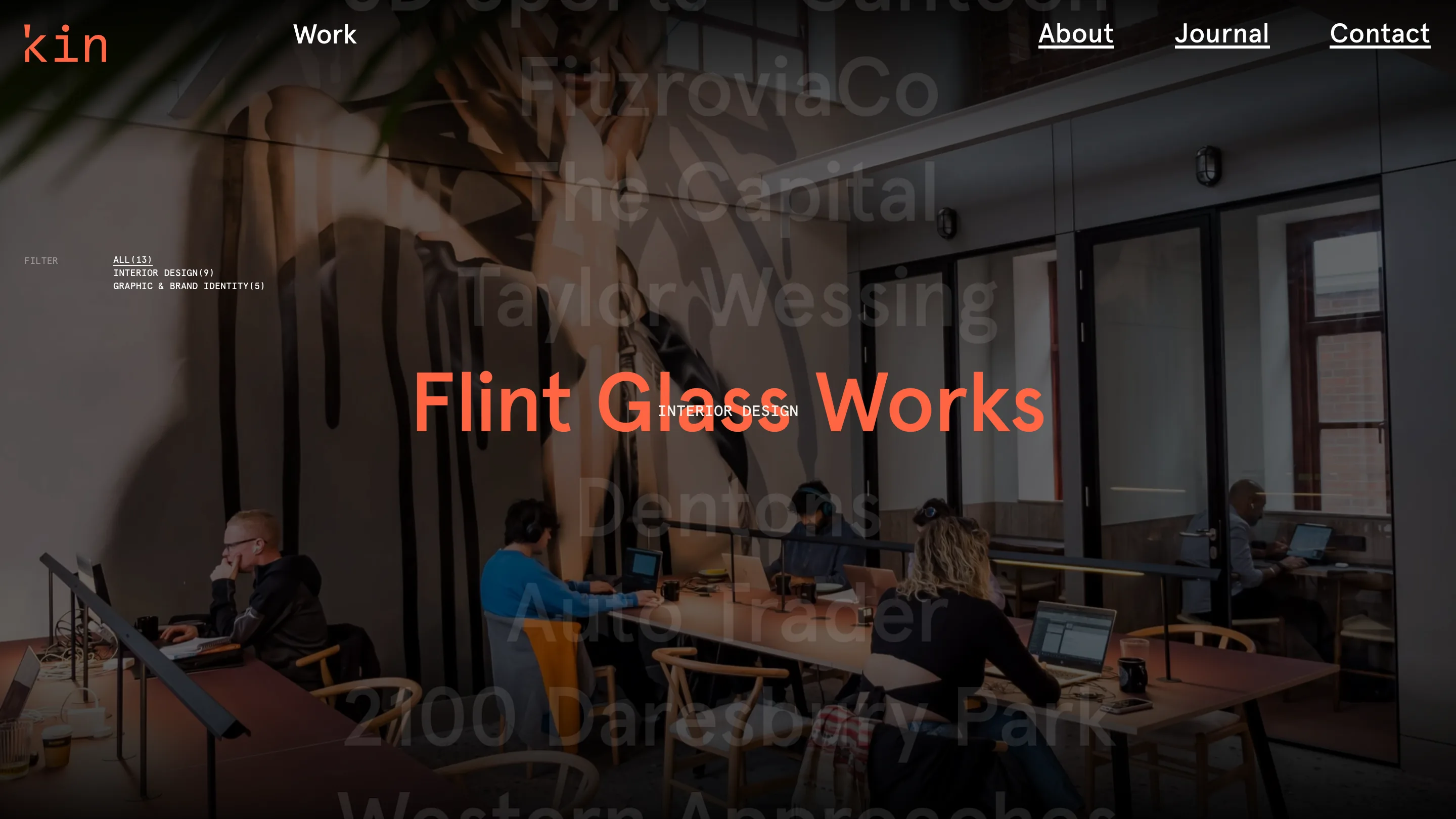 'kin work index: client names set in large ghosted type over a project photo, with 'Flint Glass Works' revealed in coral on hover.
