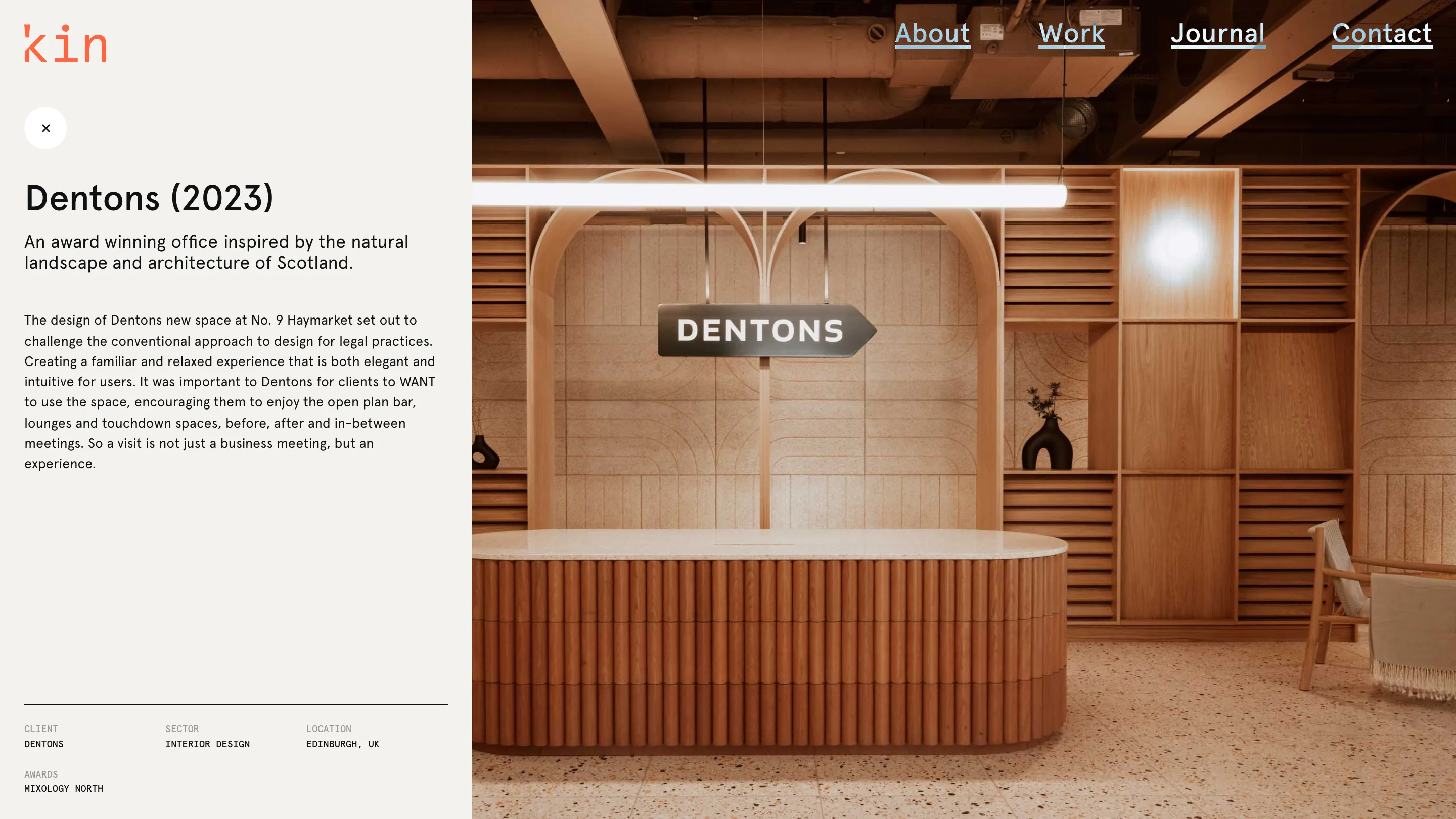 'kin Dentons project panel: cream text column on the left with title and mono metadata, full-bleed photo of a fluted-wood reception on the right.